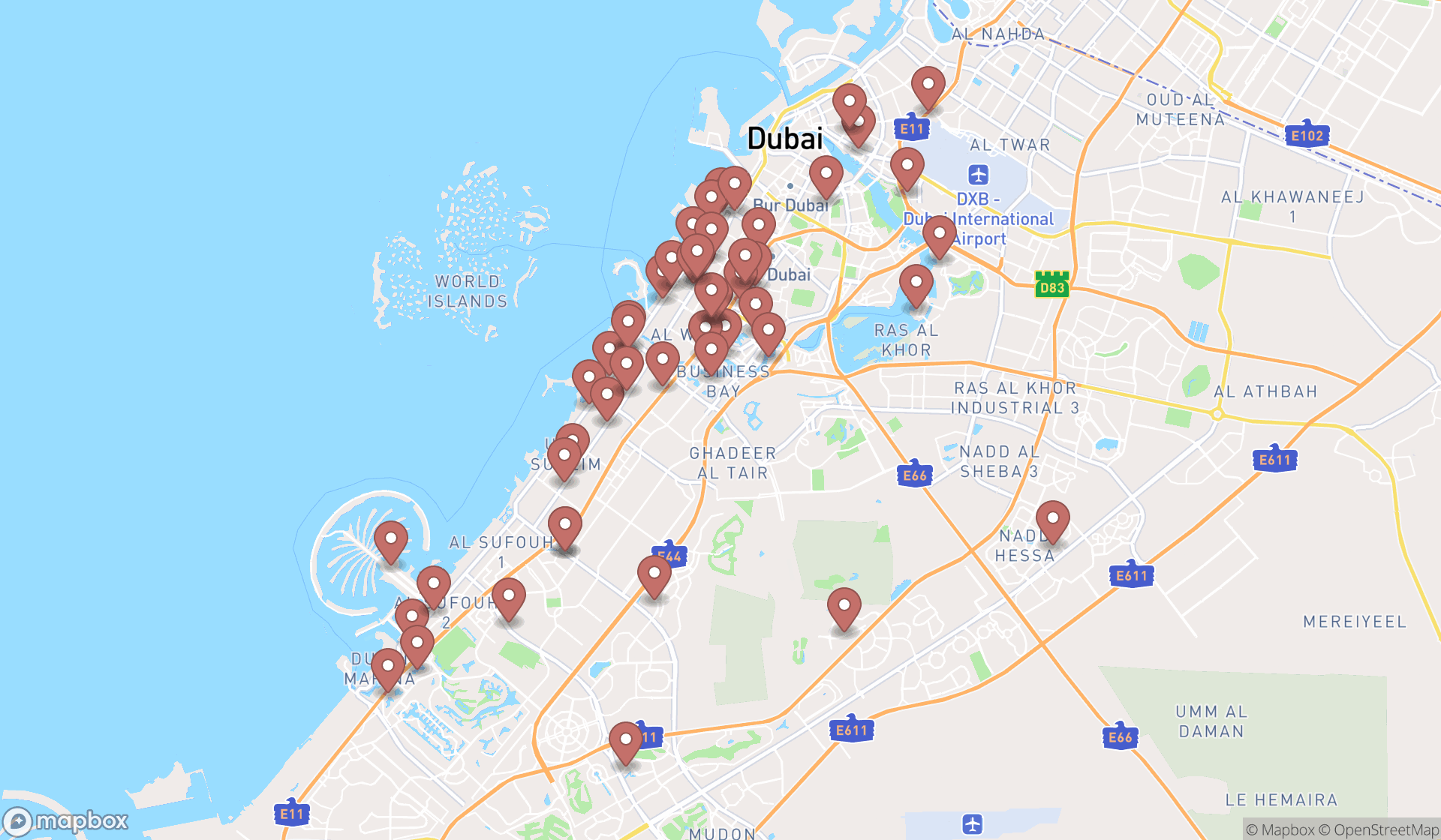 Map showing the search results in Dubai