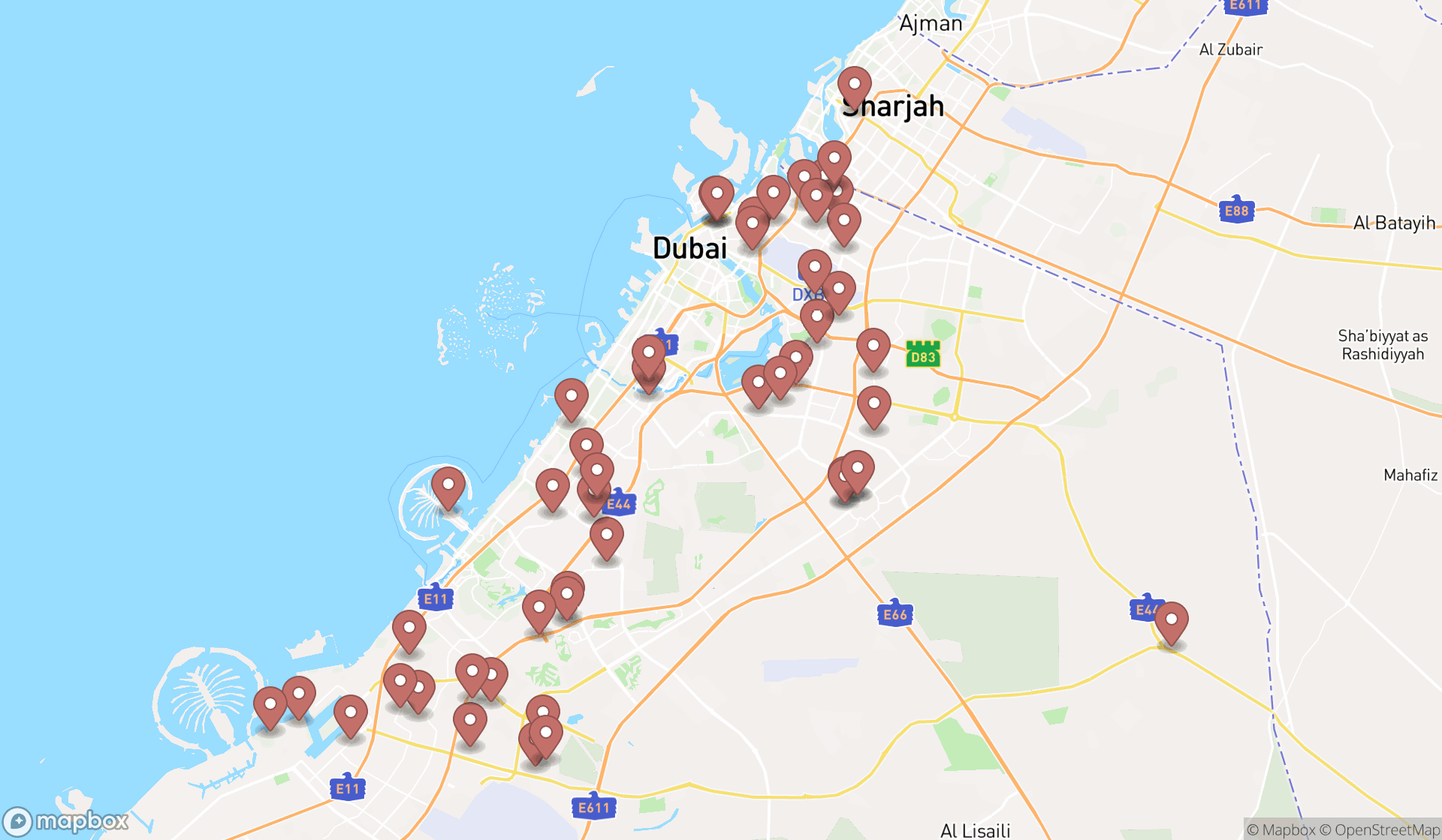 Map showing the search results in Dubai