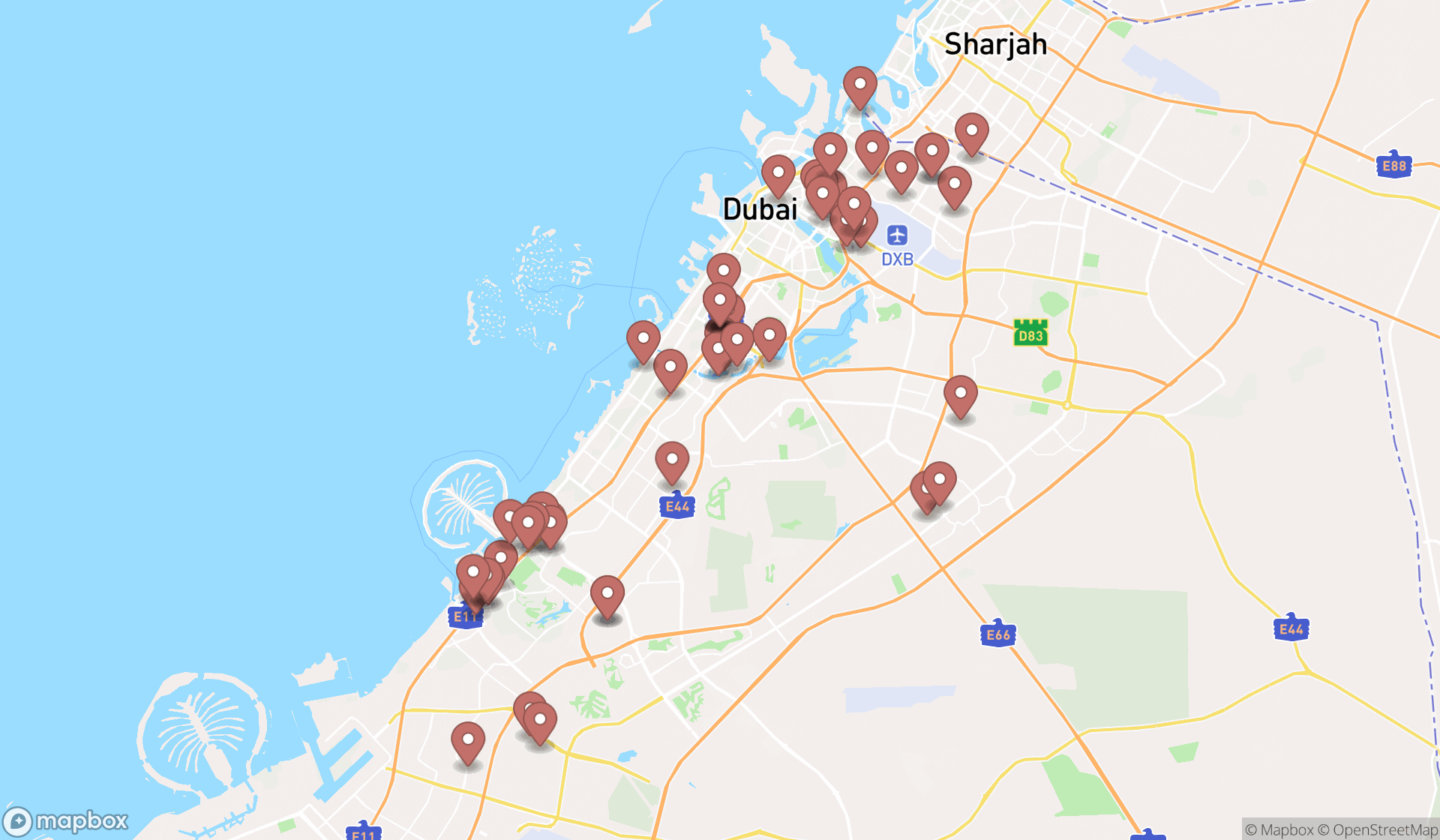 Map showing the search results in Dubai