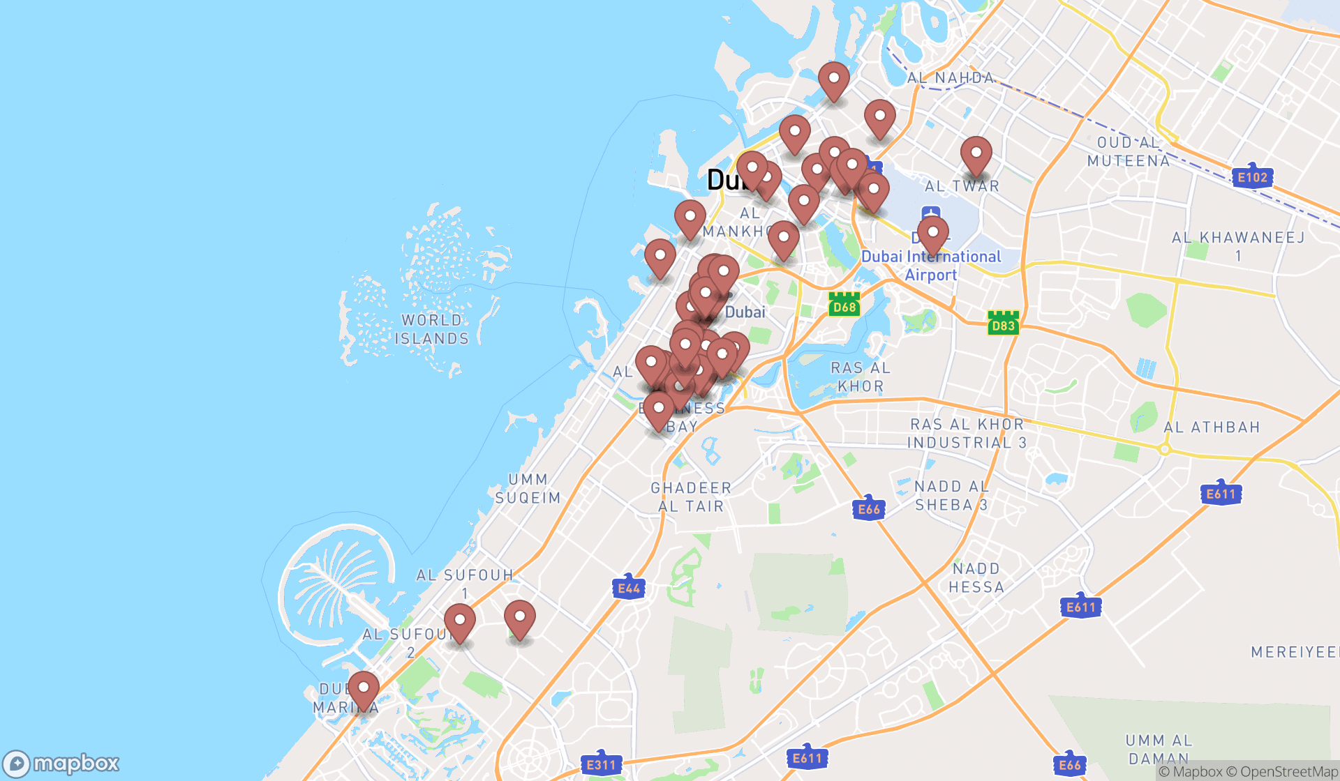Map showing the search results in Dubai