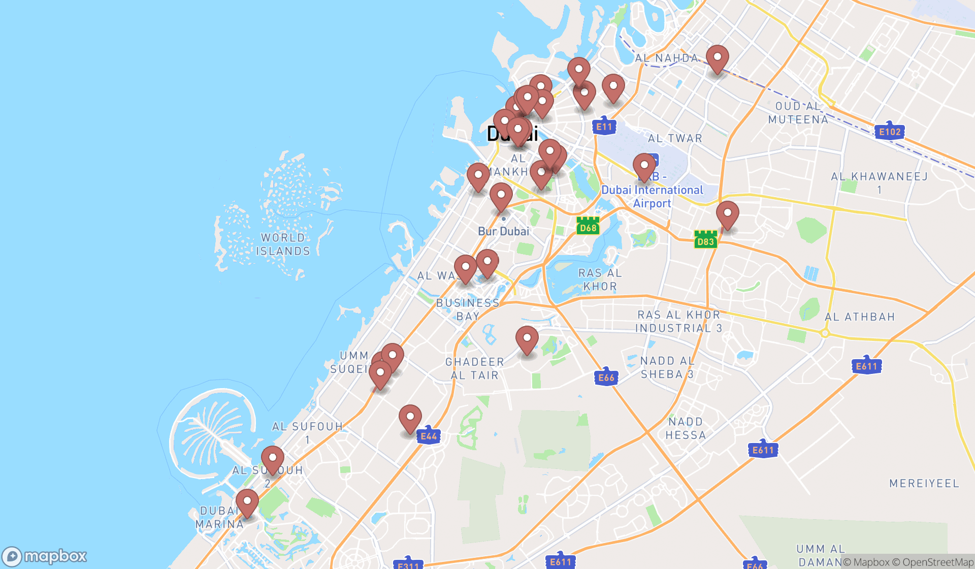 Map showing the search results in Dubai
