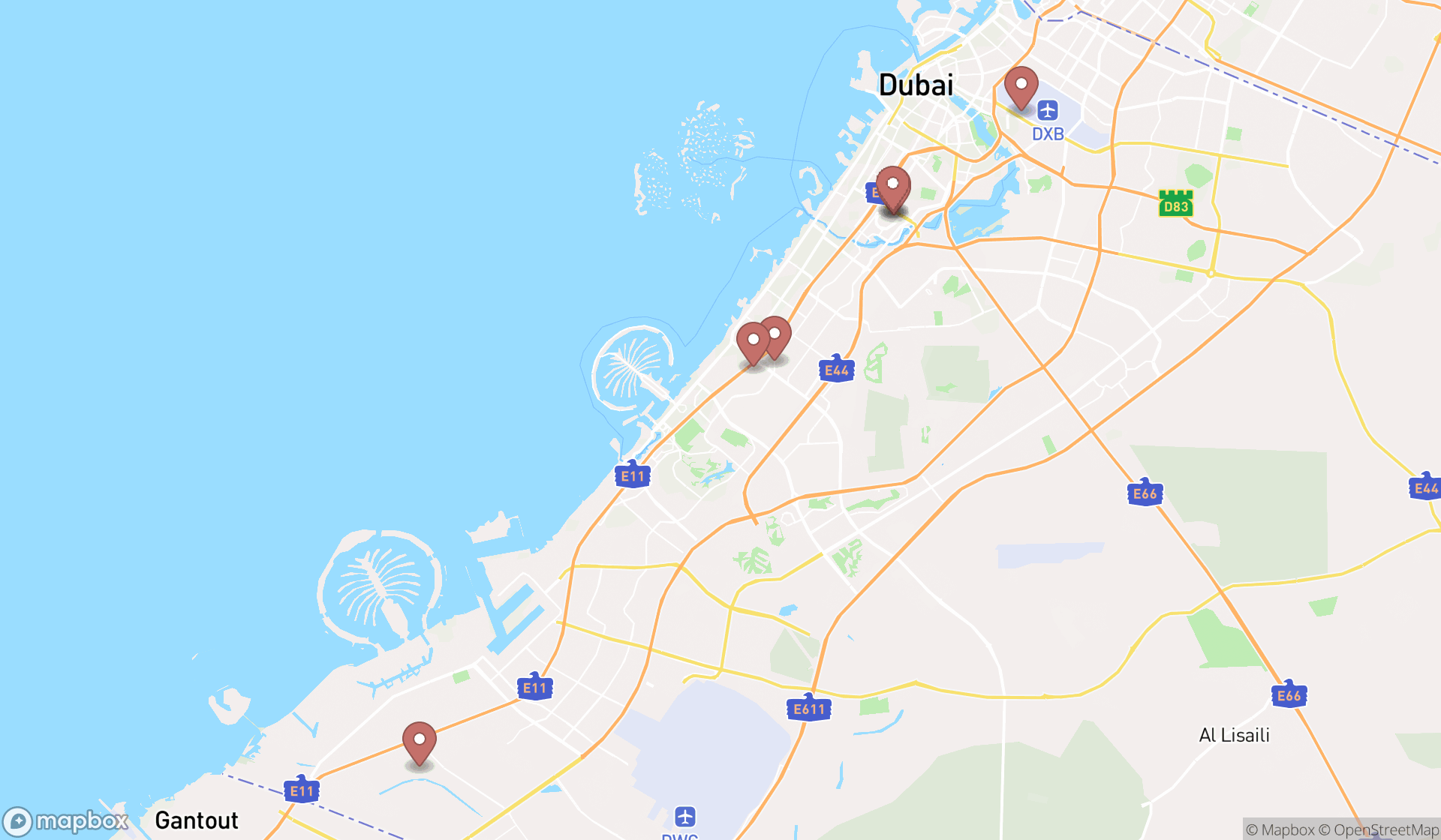 Map showing the search results in Dubai