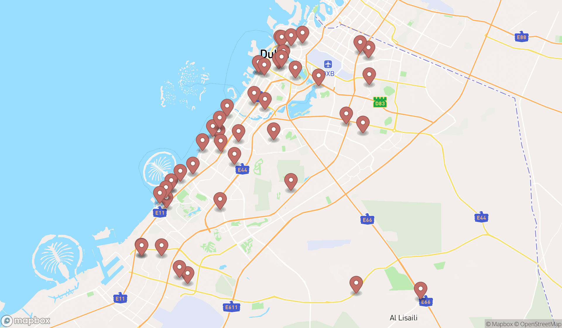 Map showing the search results in Dubai
