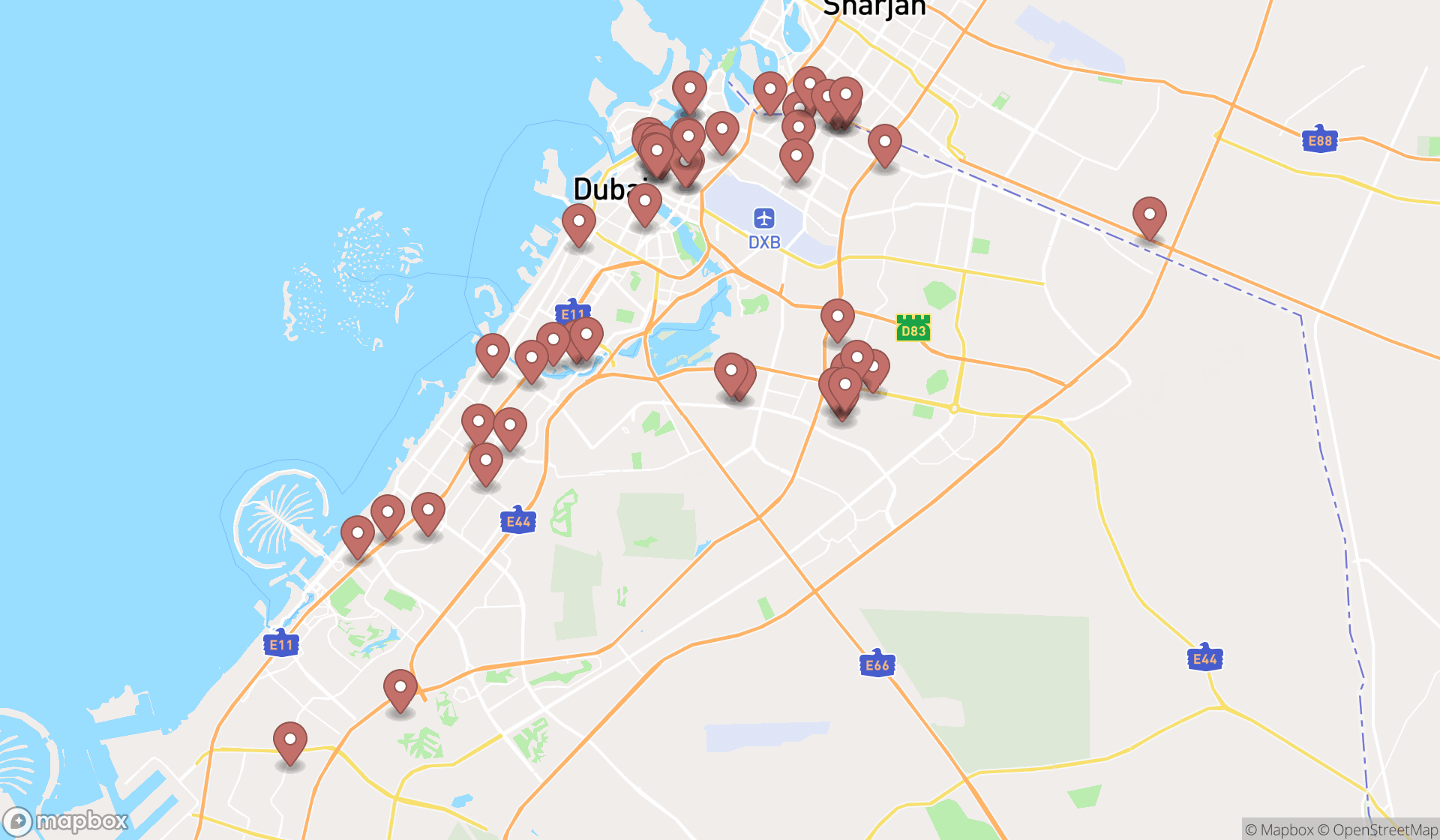 Map showing the search results in Dubai