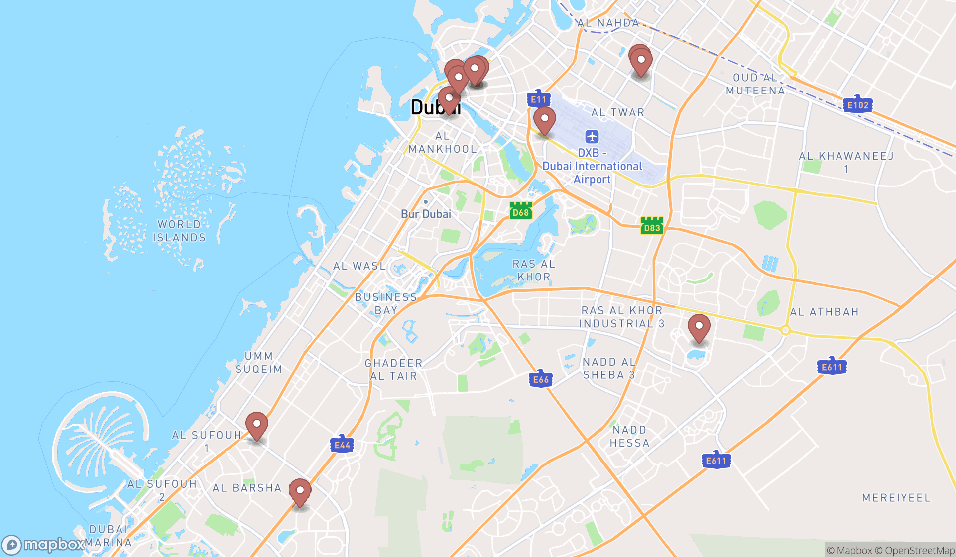 Map showing the search results in Dubai