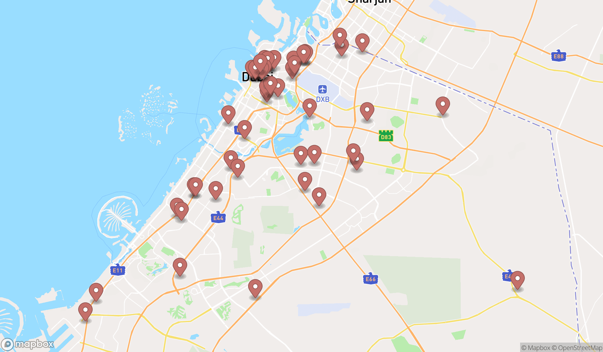 Map showing the search results in Dubai