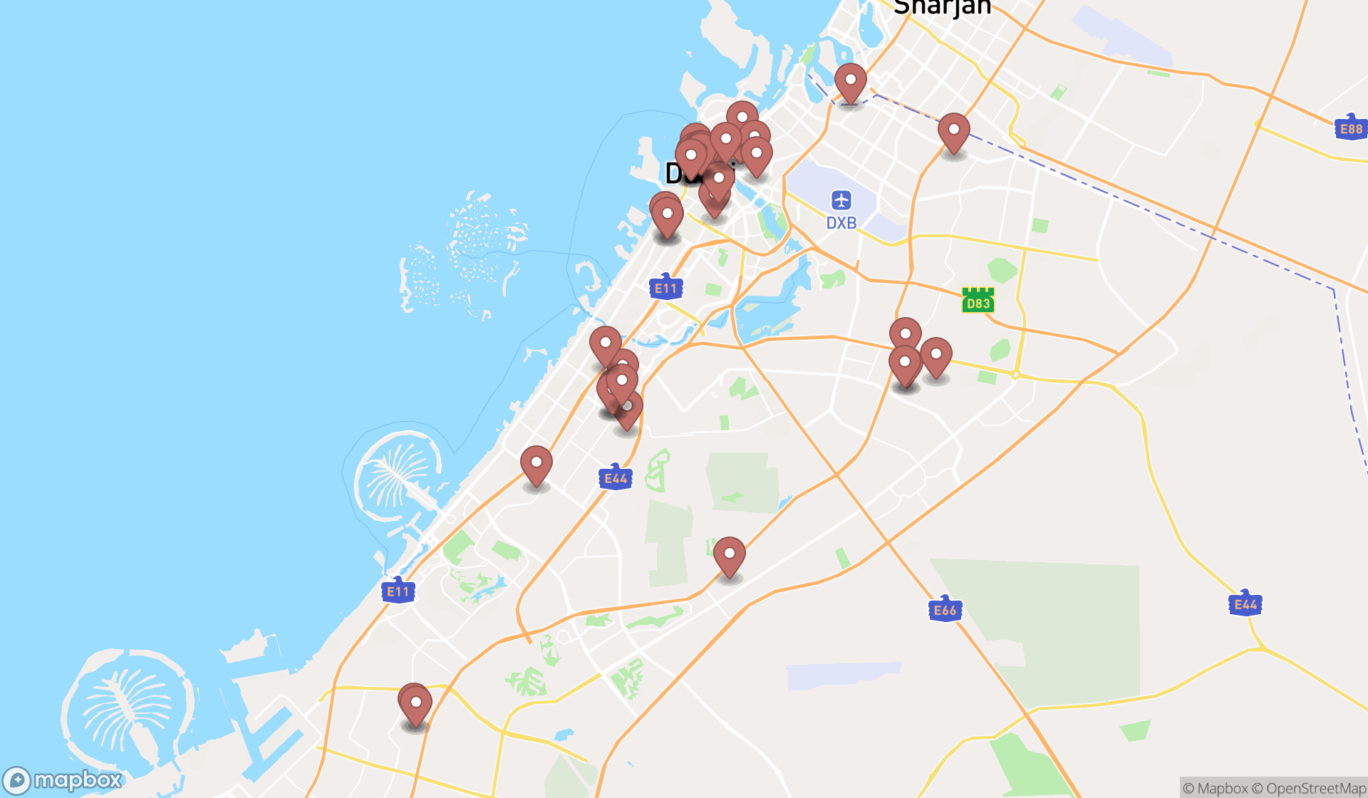 Map showing the search results in Dubai
