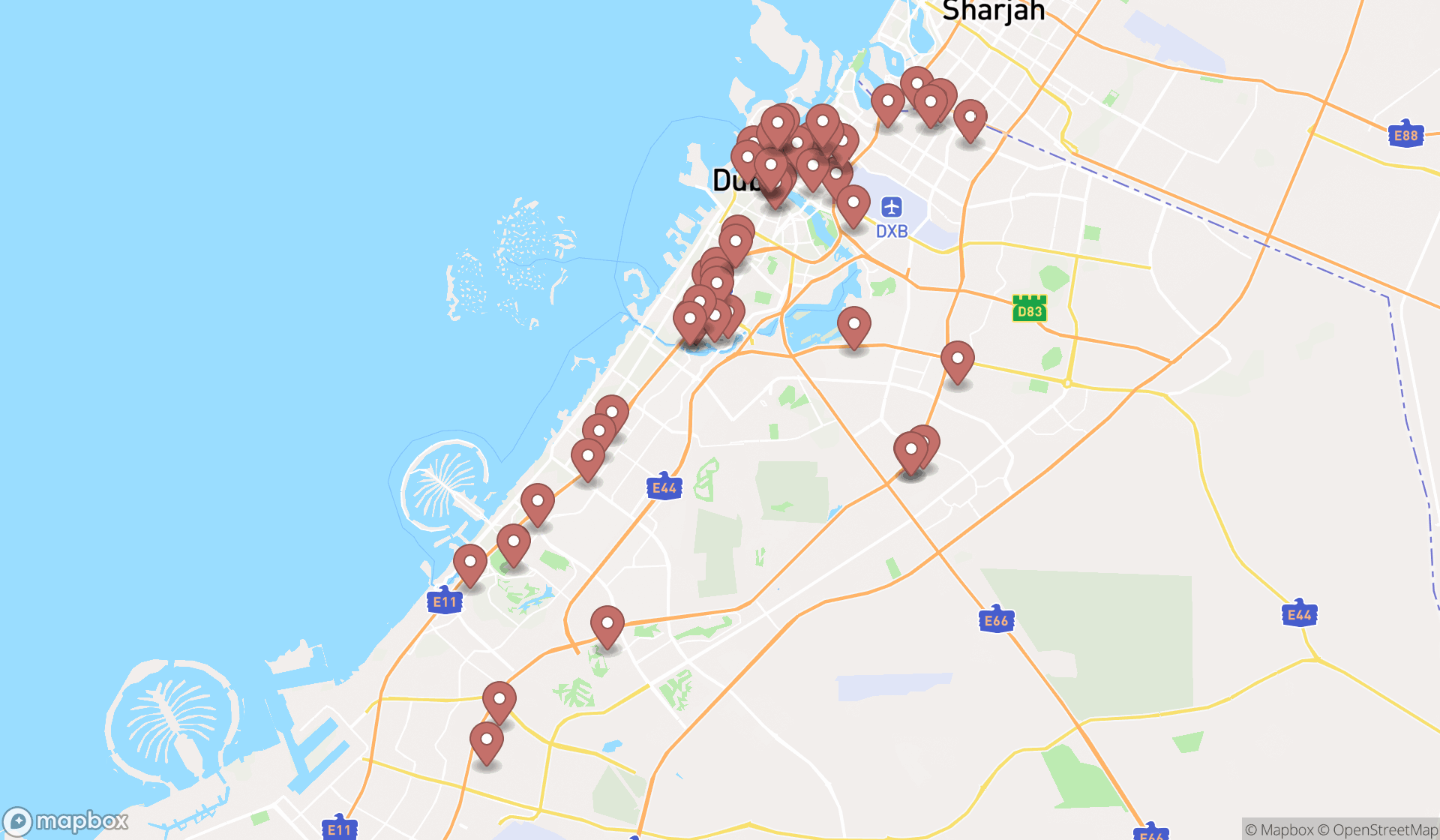 Map showing the search results in Dubai