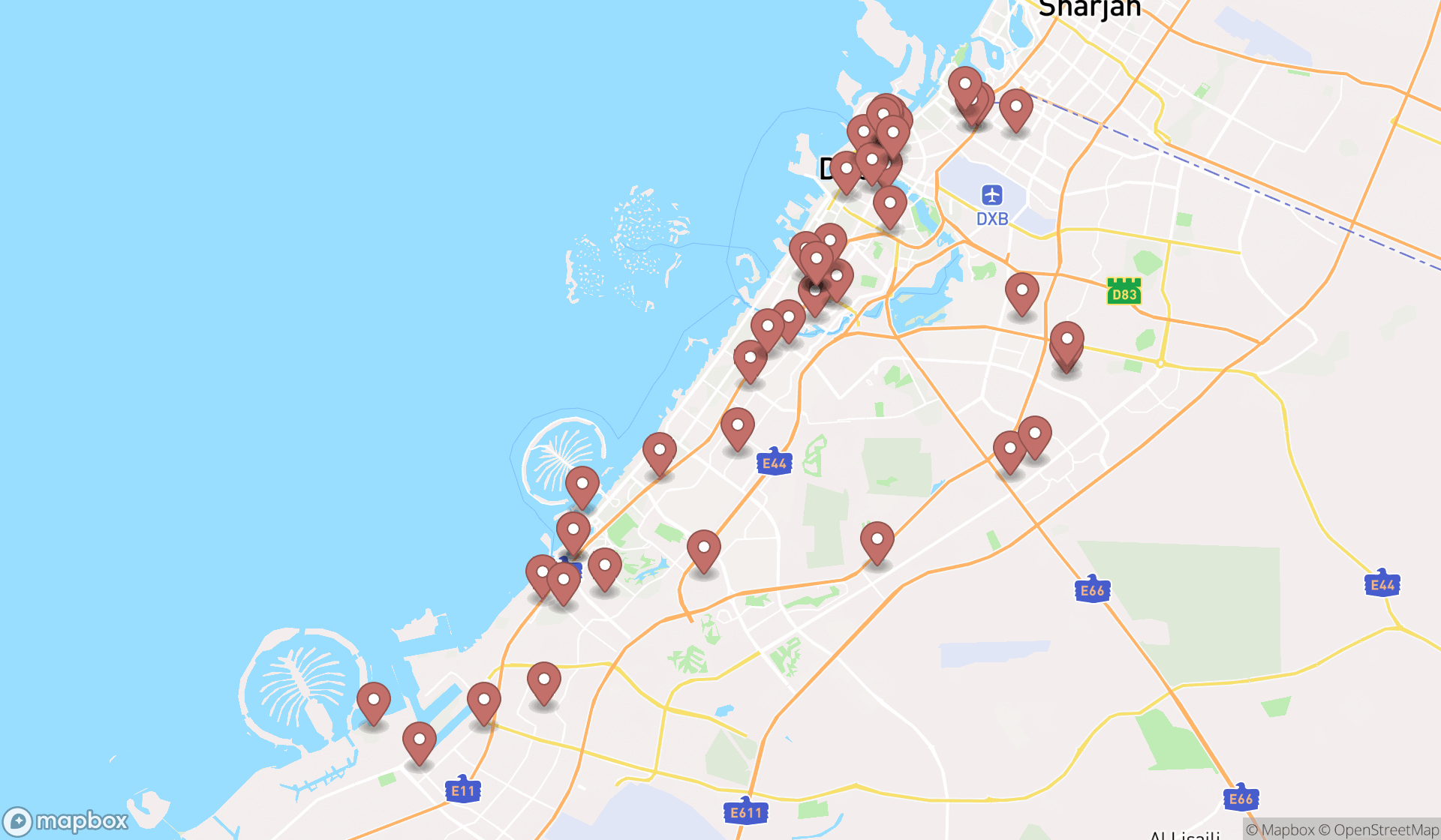 Map showing the search results in Dubai