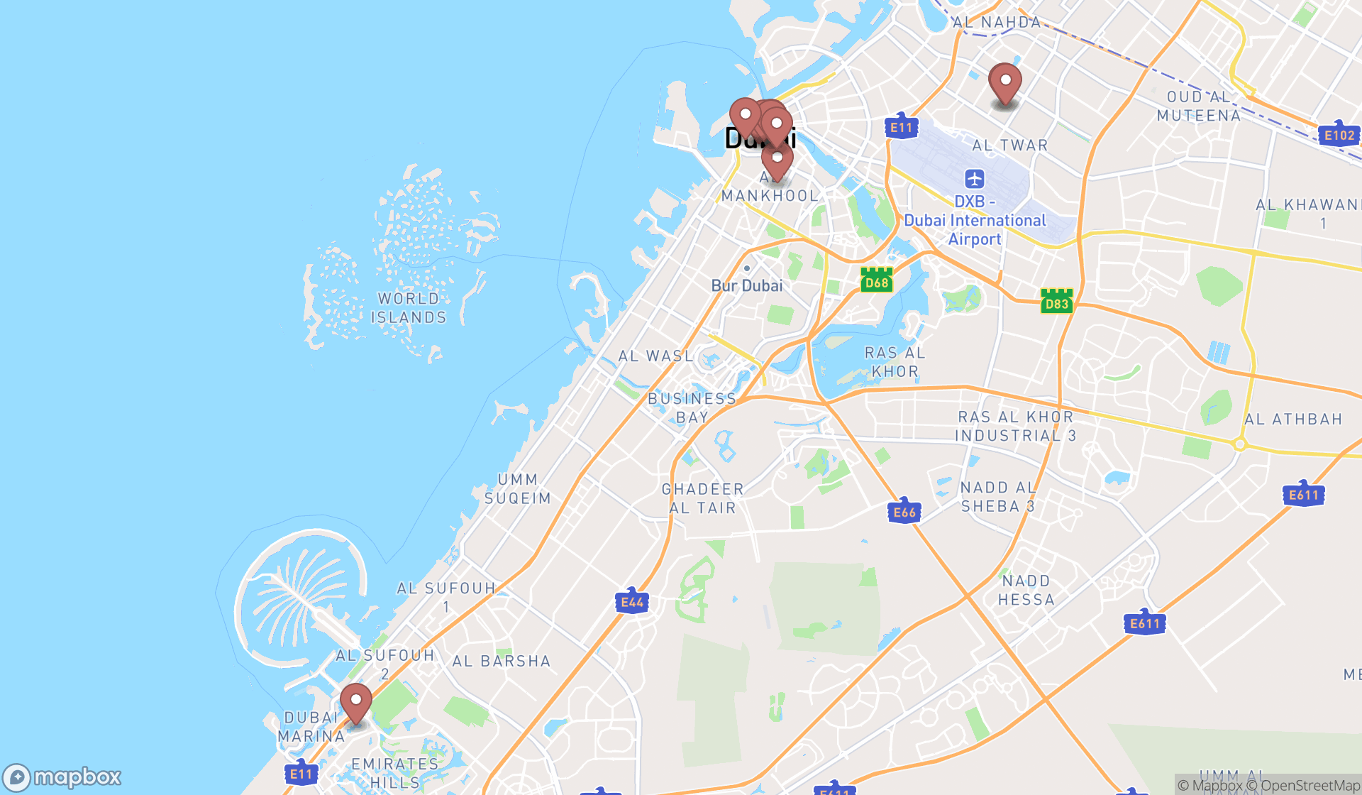 Map showing the search results in Dubai