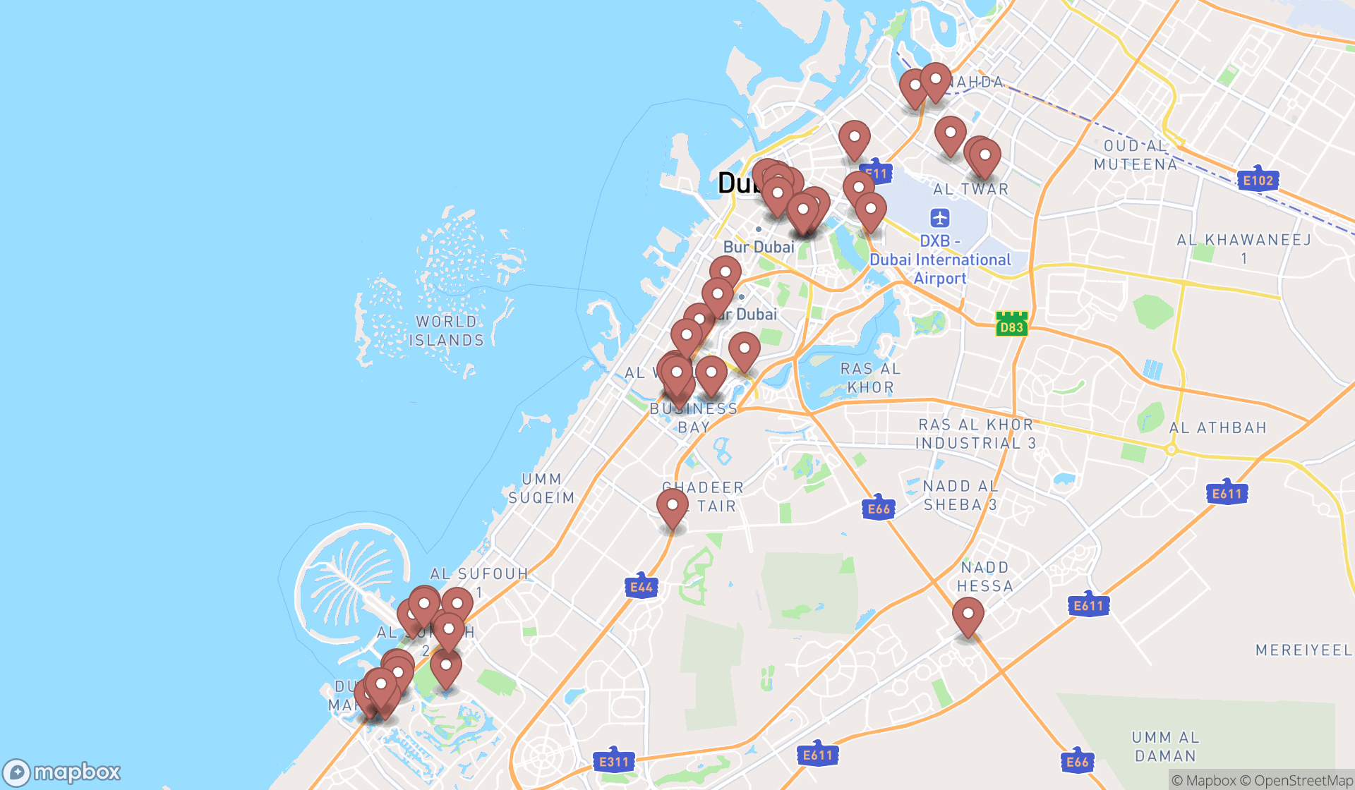 Map showing the search results in Dubai