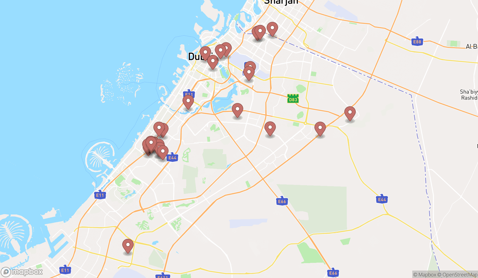 Map showing the search results in Dubai