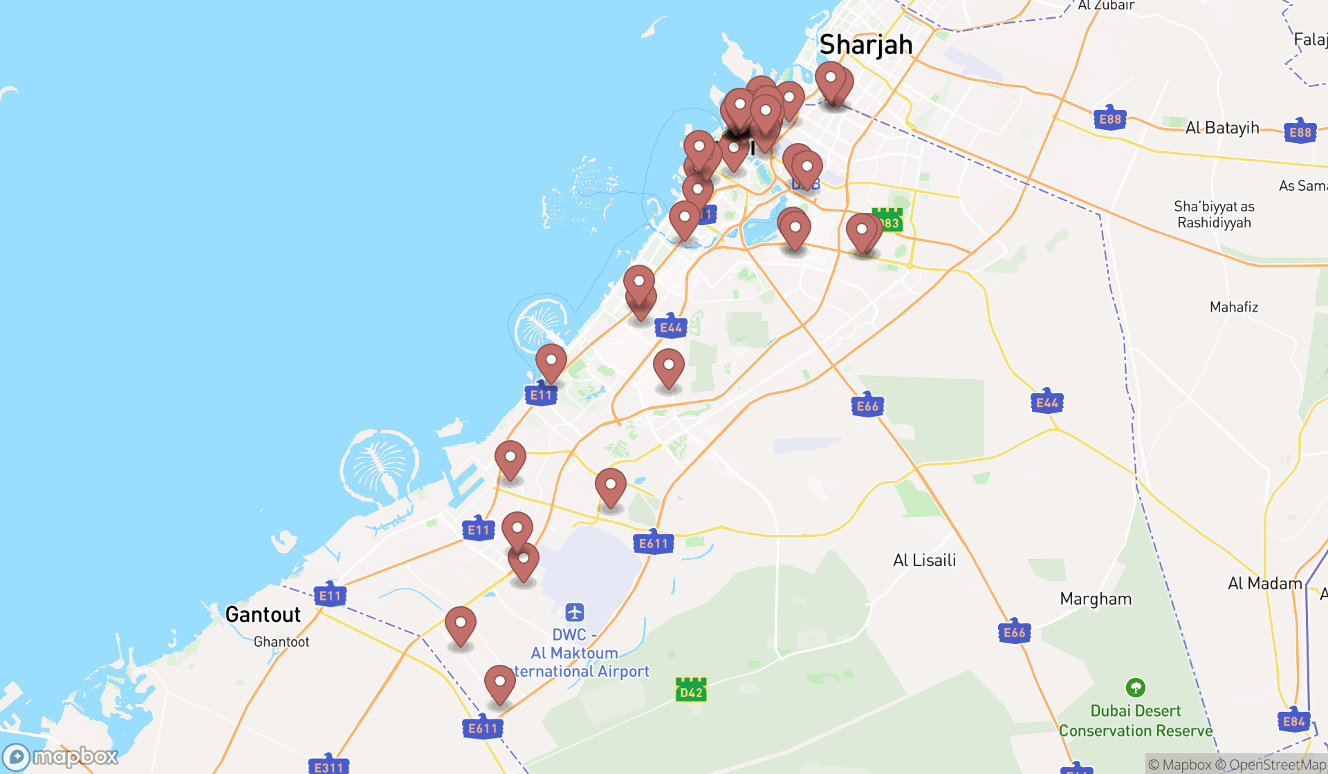 Map showing the search results in Dubai