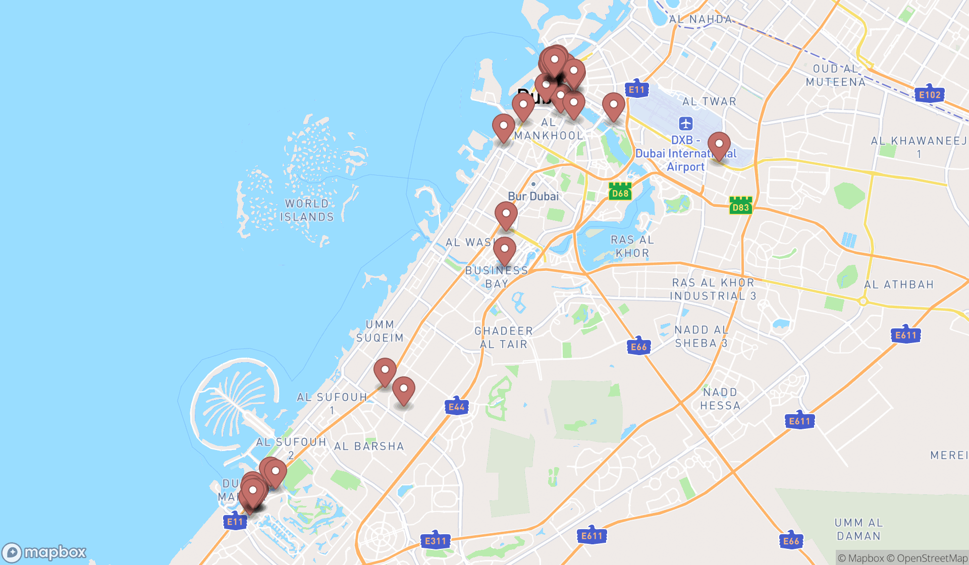 Map showing the search results in Dubai