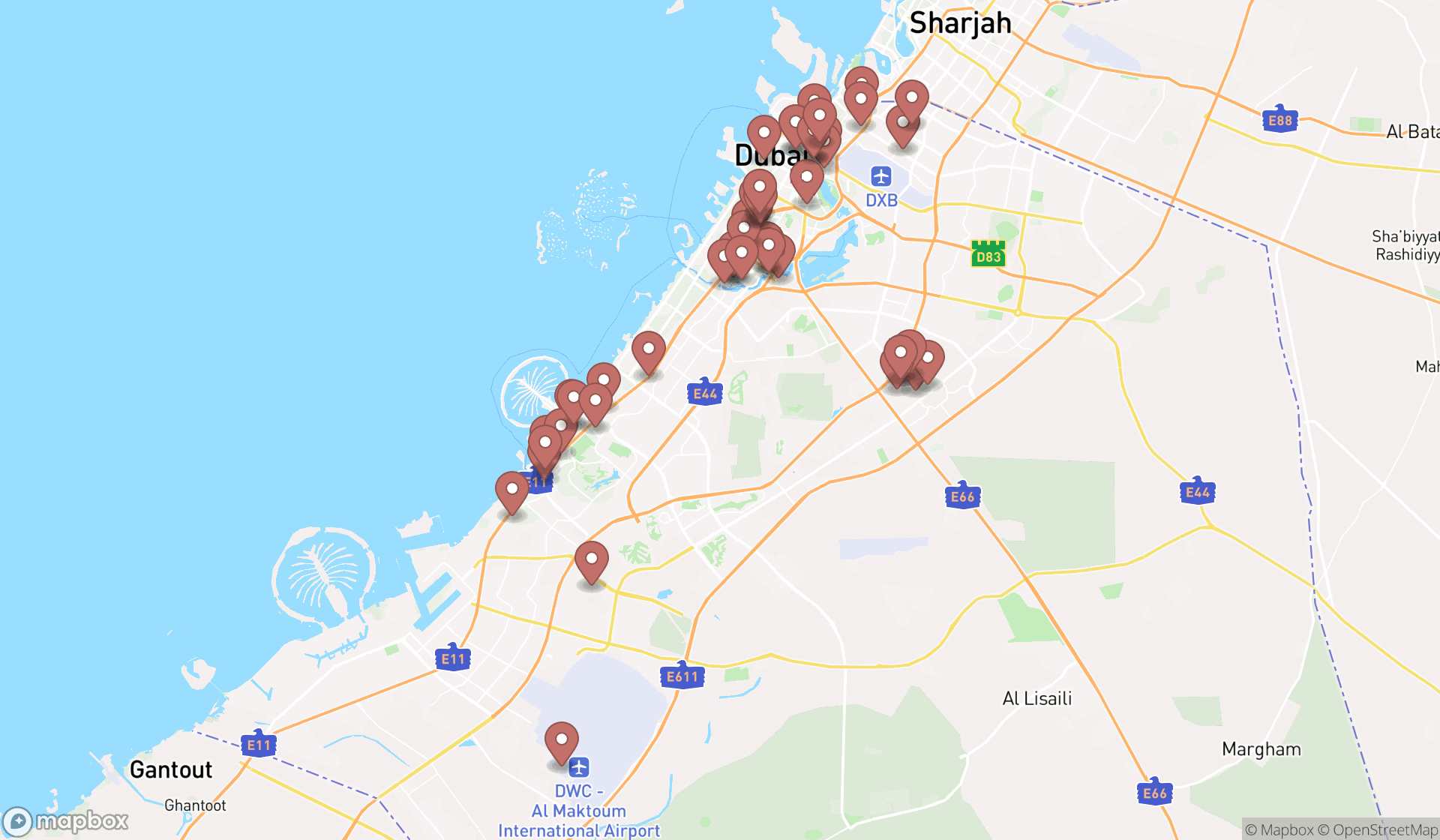 Map showing the search results in Dubai