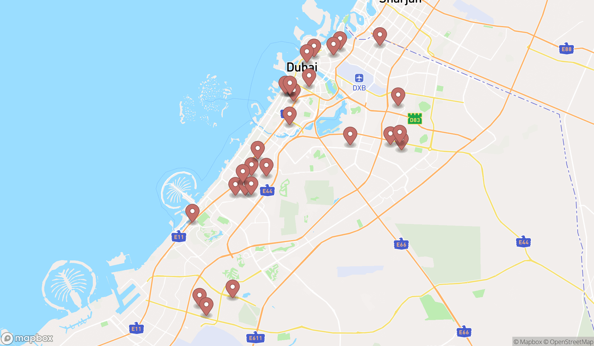 Map showing the search results in Dubai