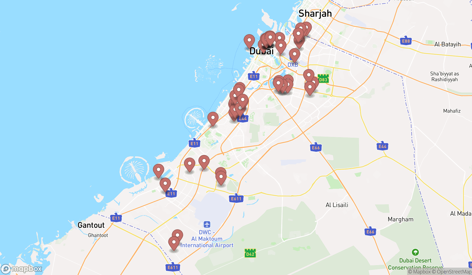 Map showing the search results in Dubai