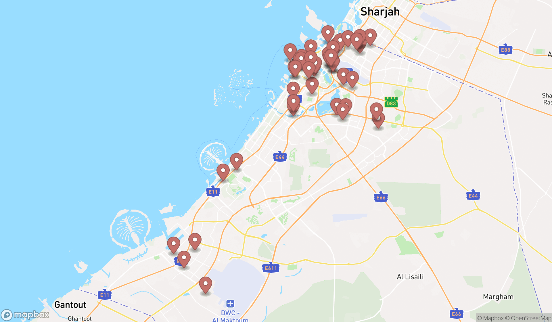Map showing the search results in Dubai