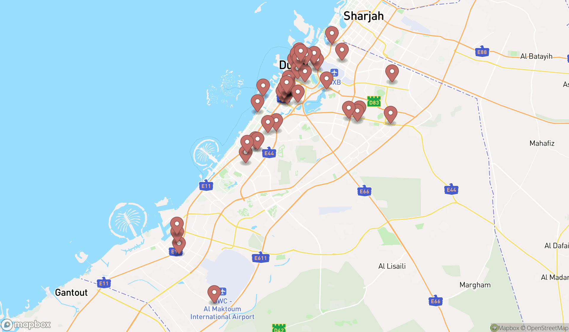 Map showing the search results in Dubai
