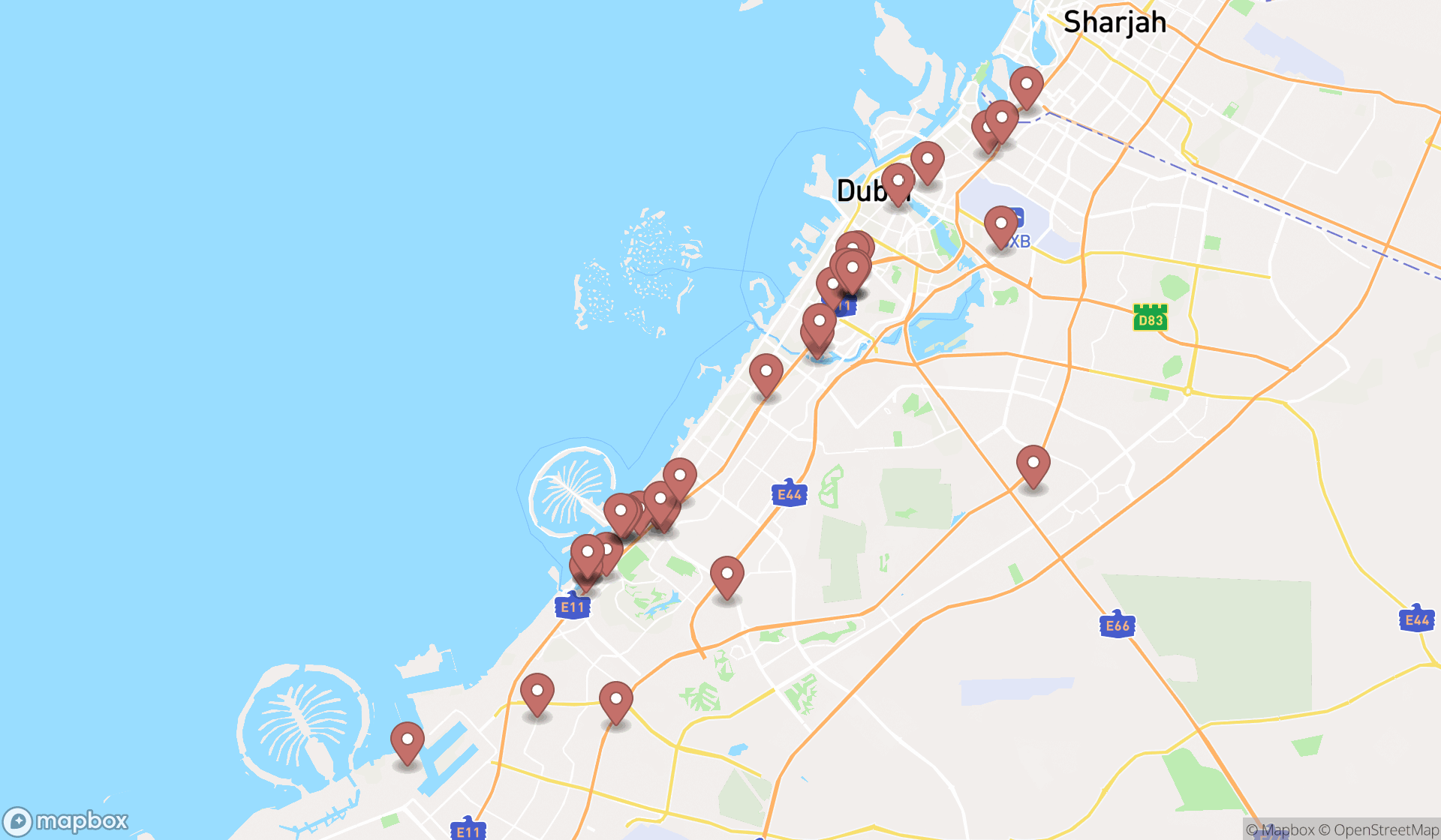 Map showing the search results in Dubai