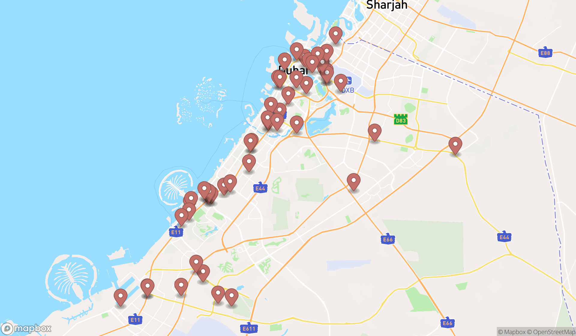Map showing the search results in Dubai