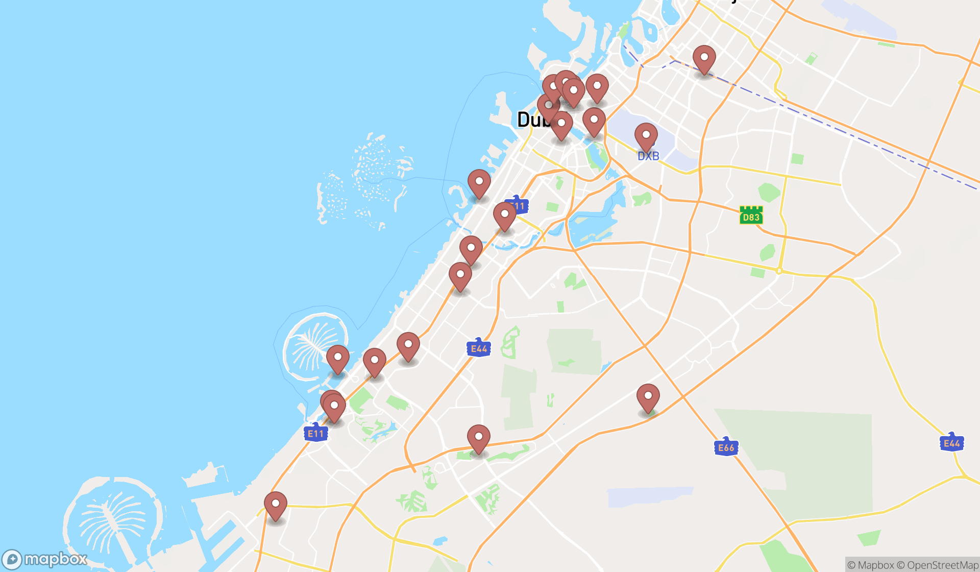 Map showing the search results in Dubai