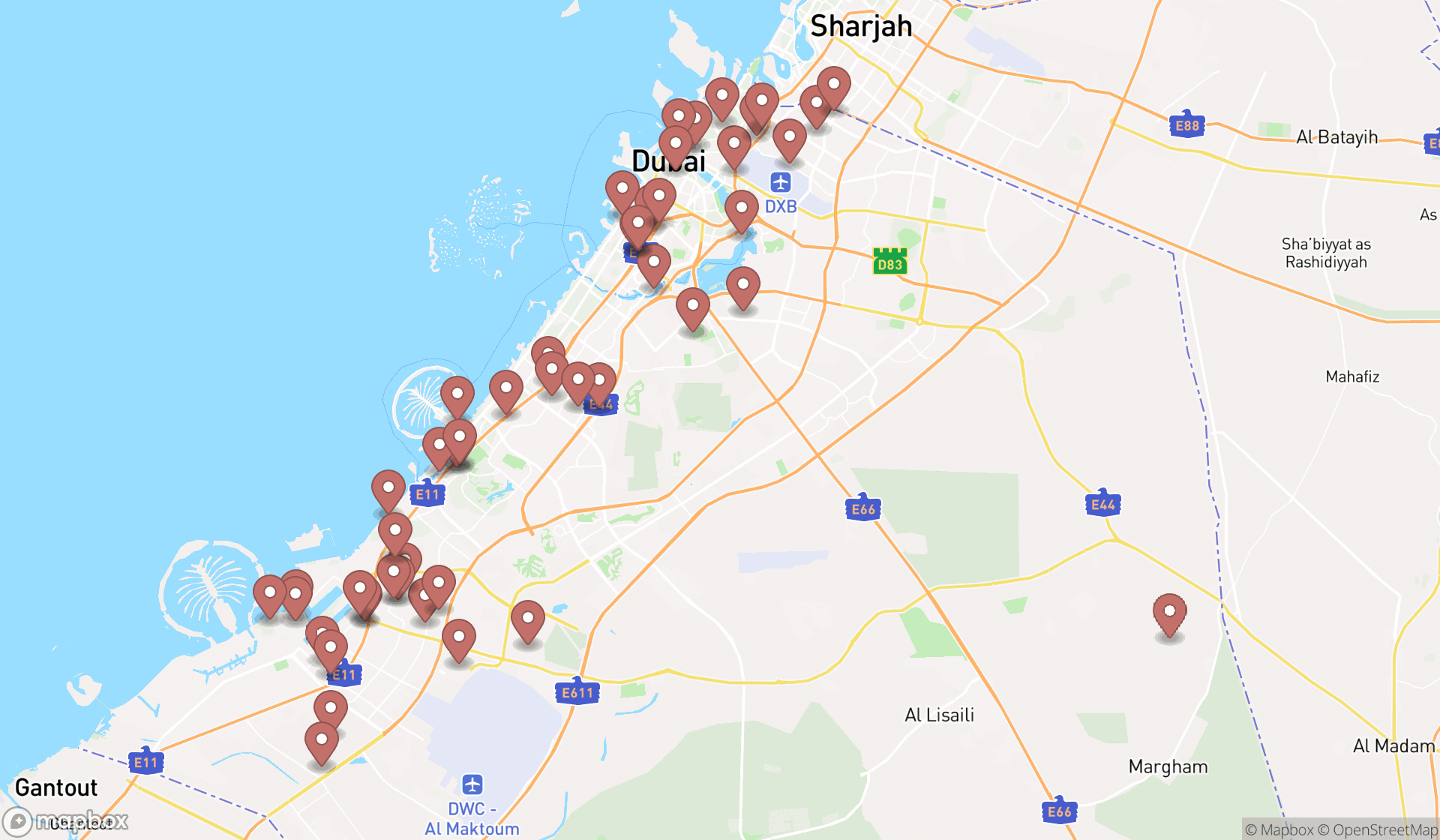 Map showing the search results in Dubai