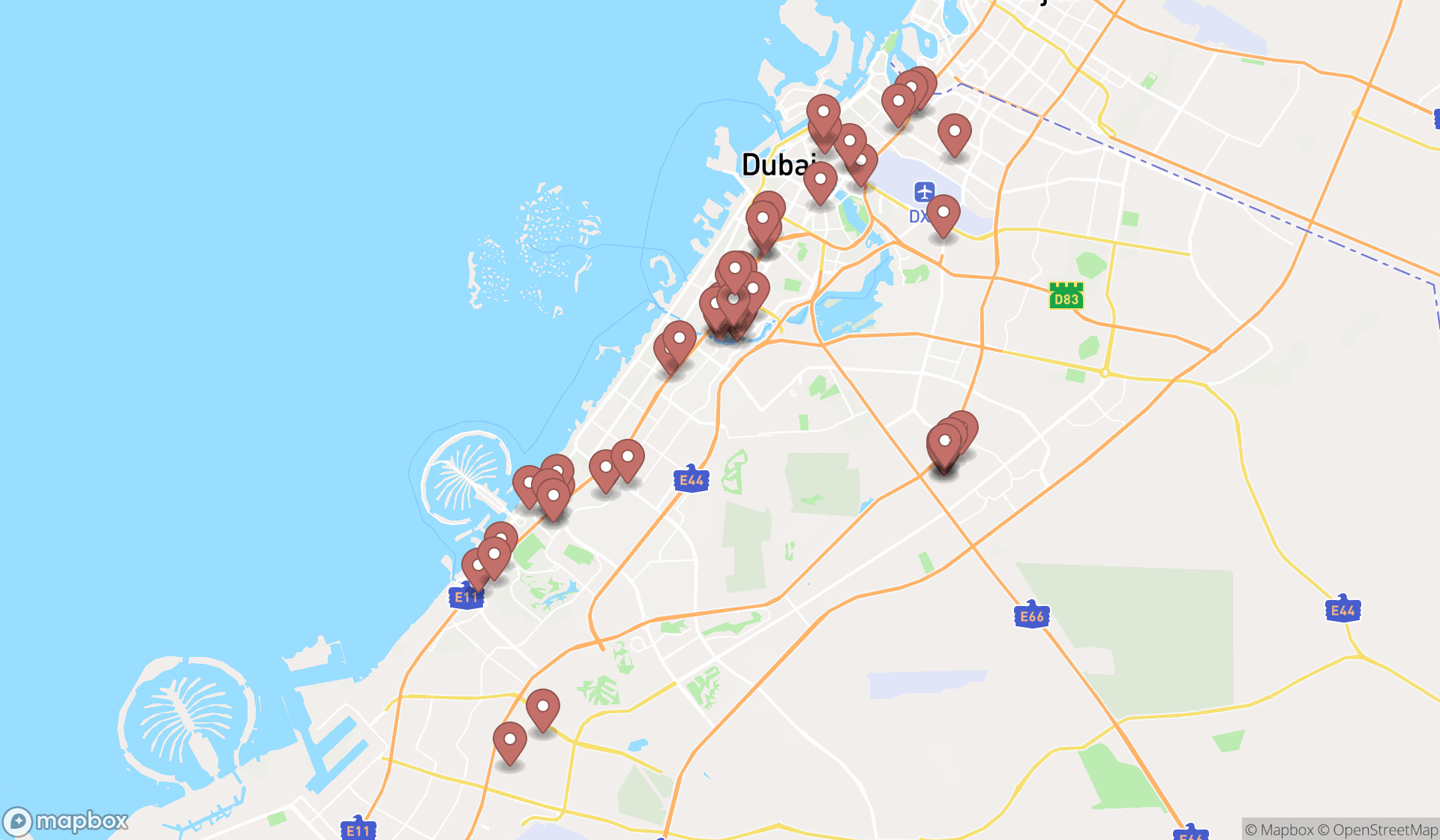 Map showing the search results in Dubai