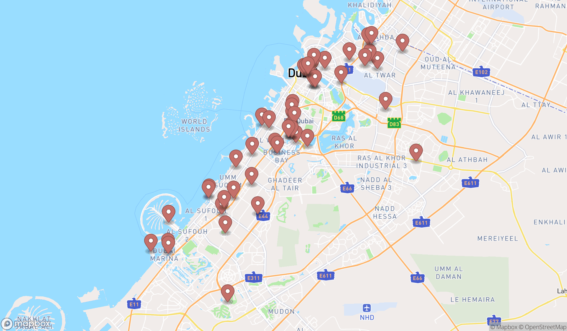 Map showing the search results in Dubai
