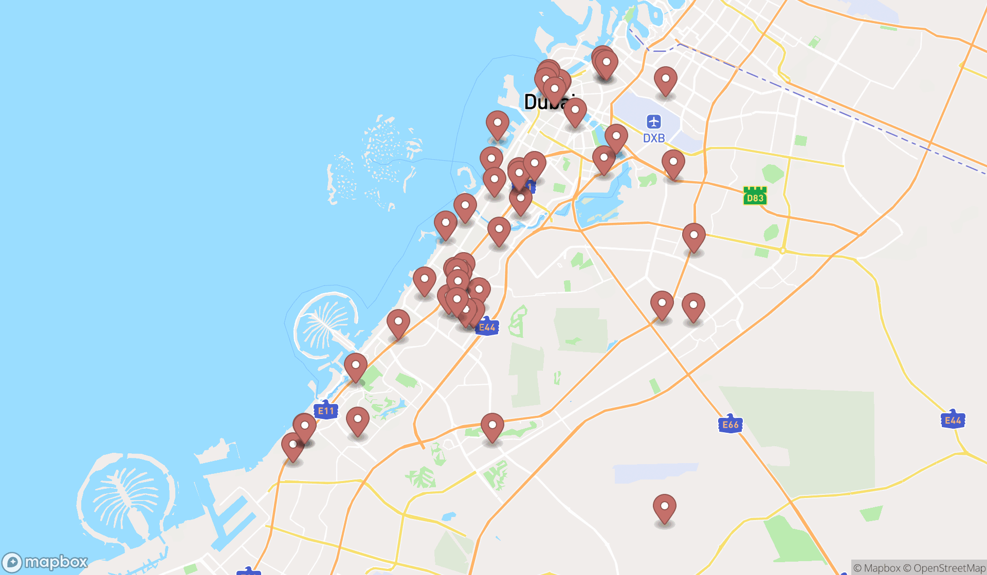 Map showing the search results in Dubai