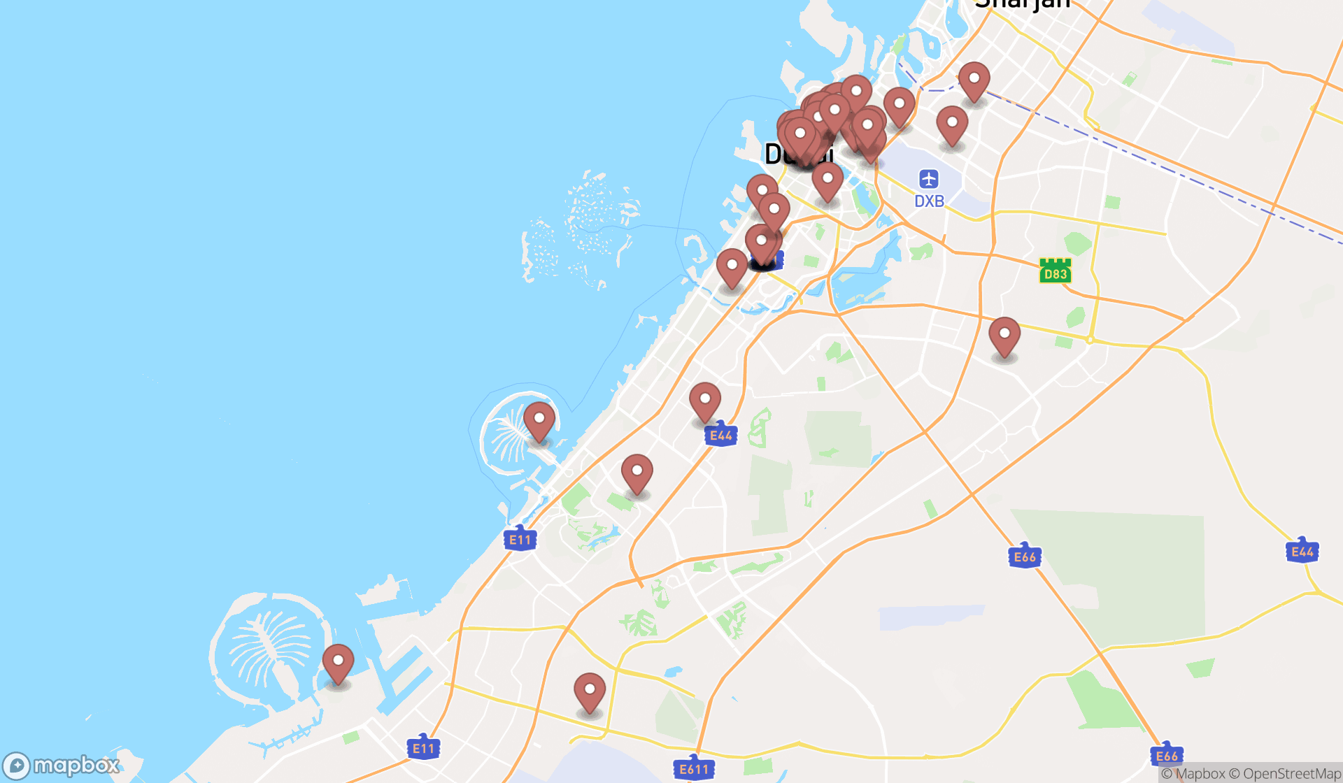 Map showing the search results in Dubai