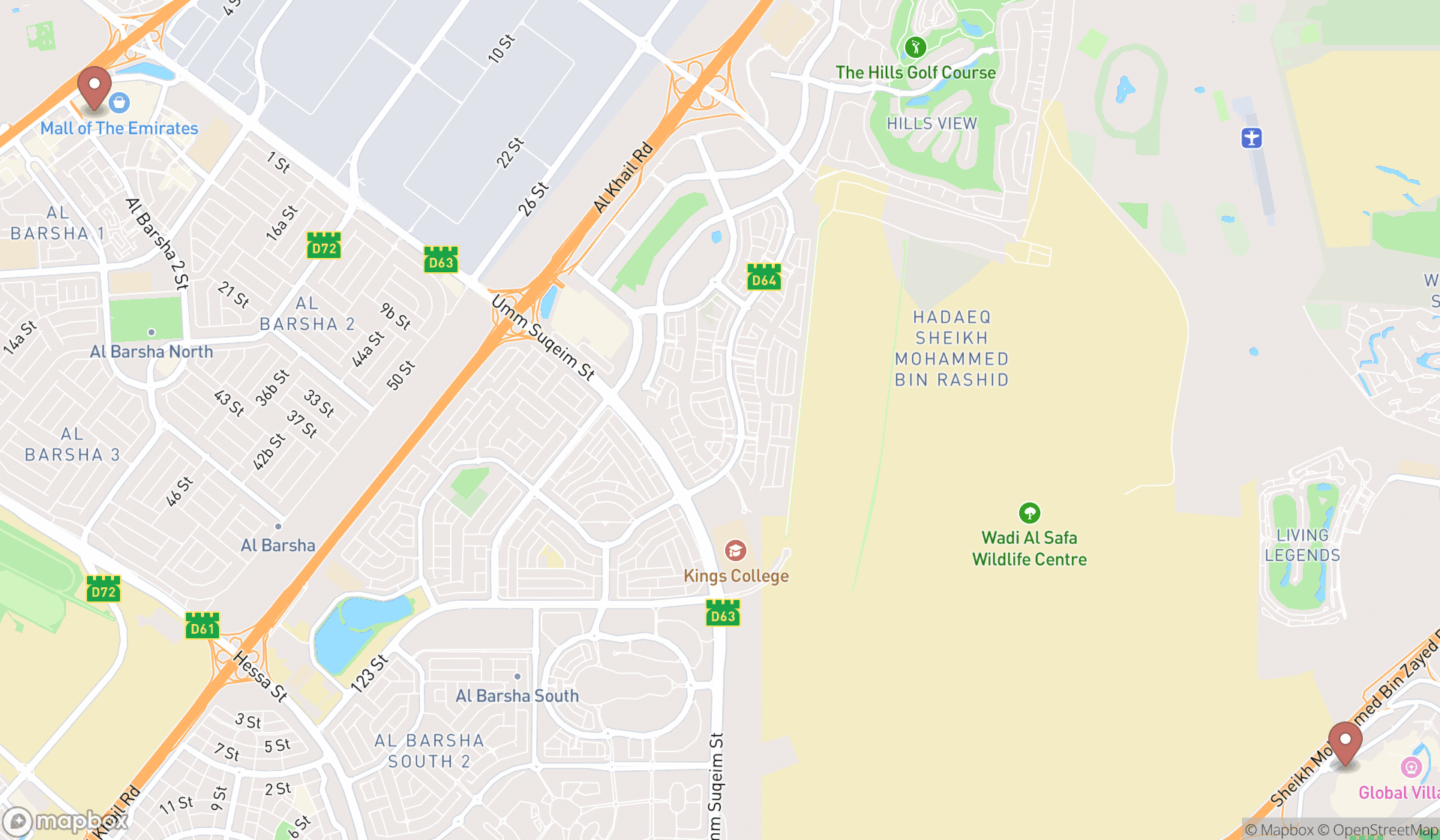 Map showing the search results in Dubai