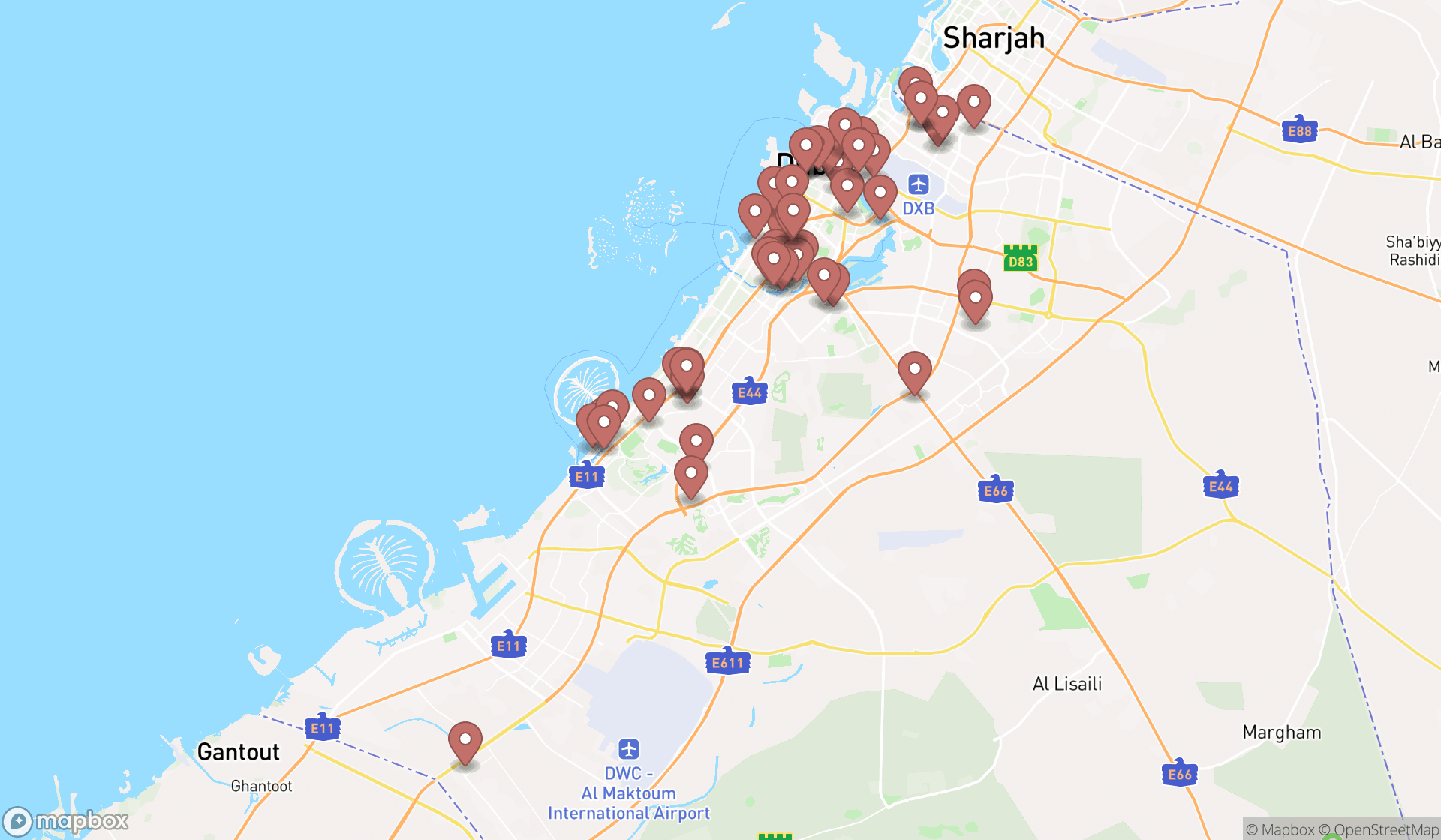 Map showing the search results in Dubai