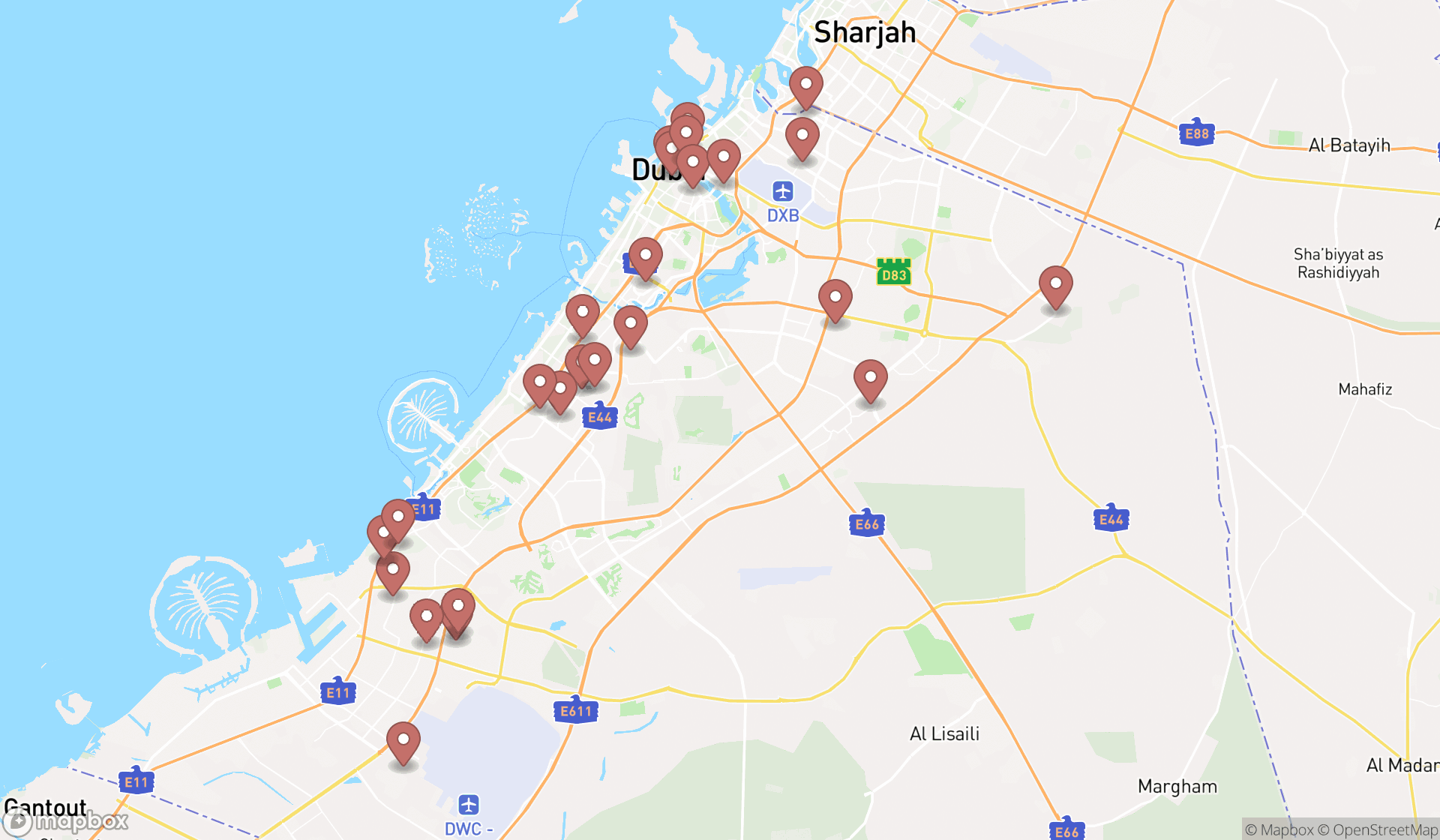 Map showing the search results in Dubai