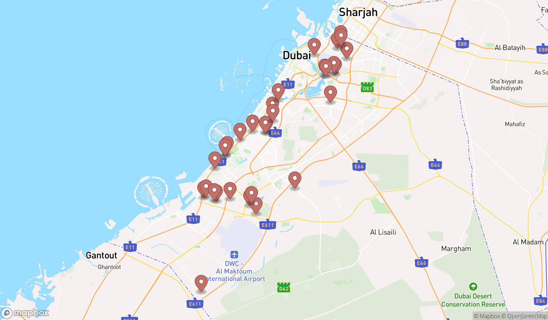 Map showing the search results in Dubai