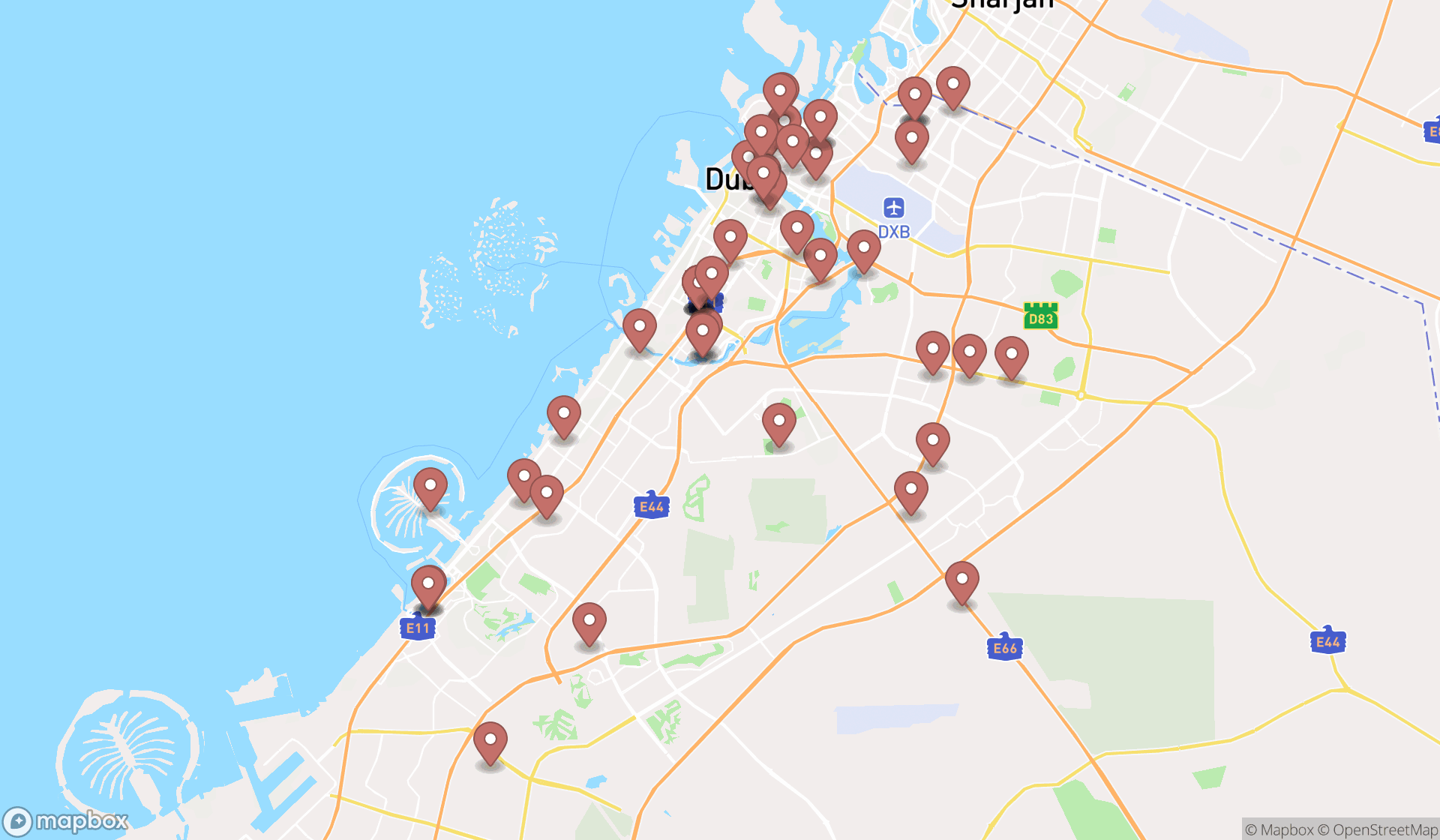 Map showing the search results in Dubai