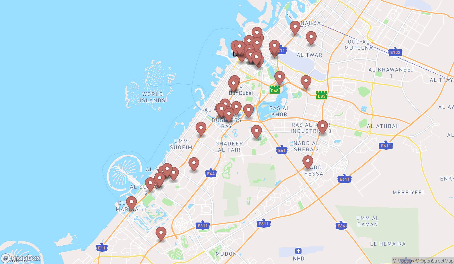 Map showing the search results in Dubai