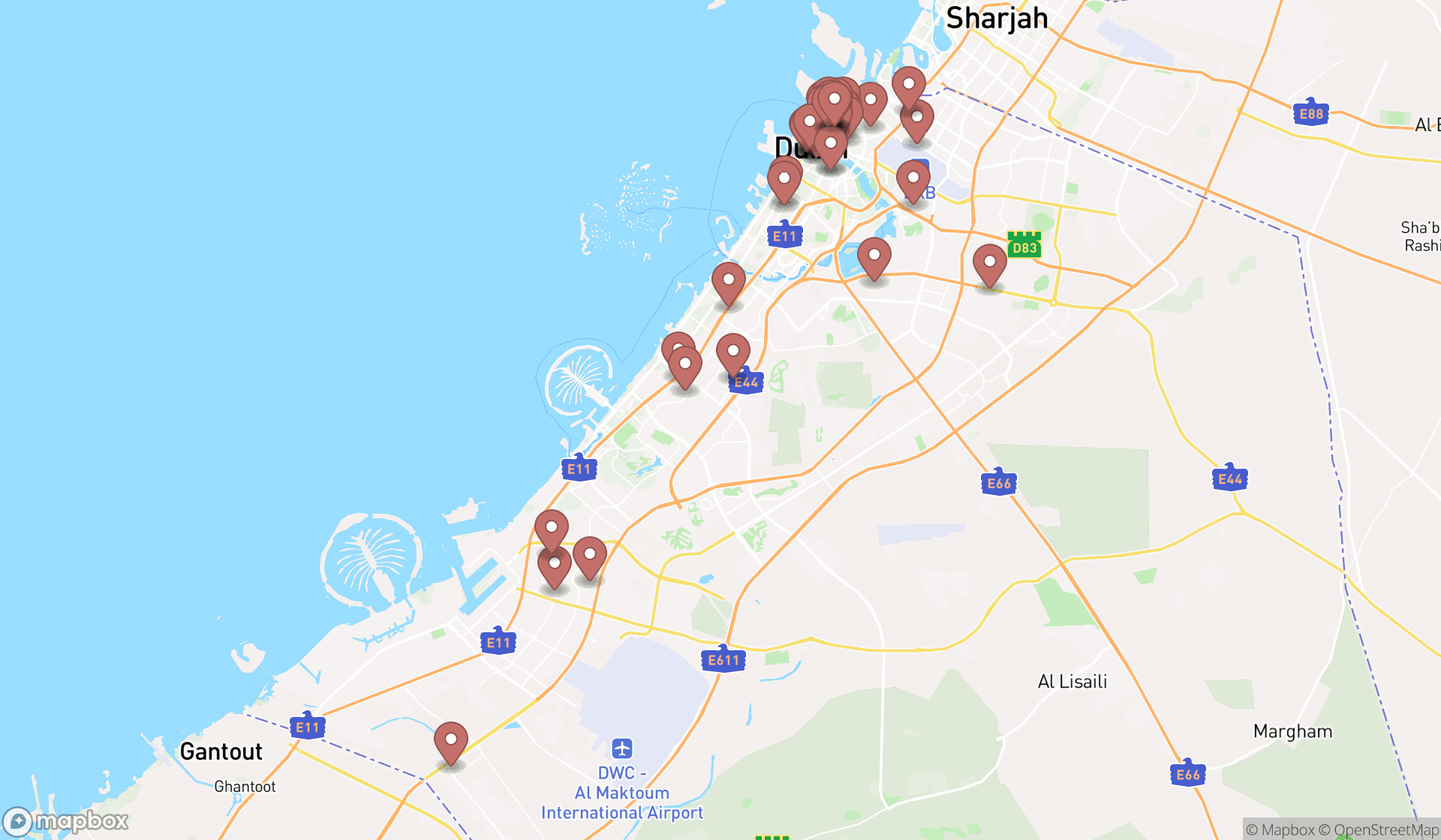 Map showing the search results in Dubai