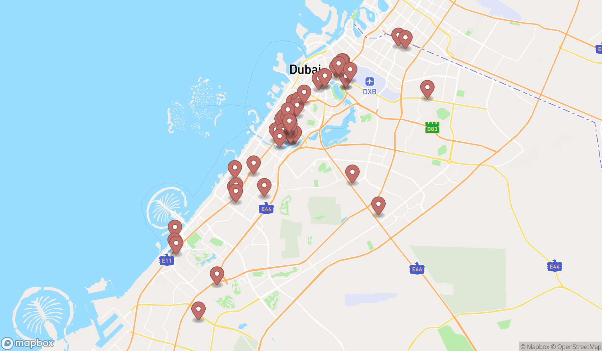Map showing the search results in Dubai