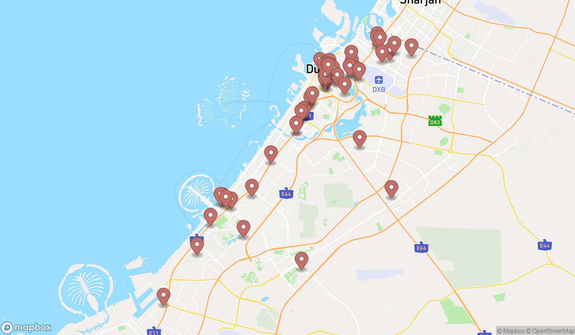 Map showing the search results in Dubai