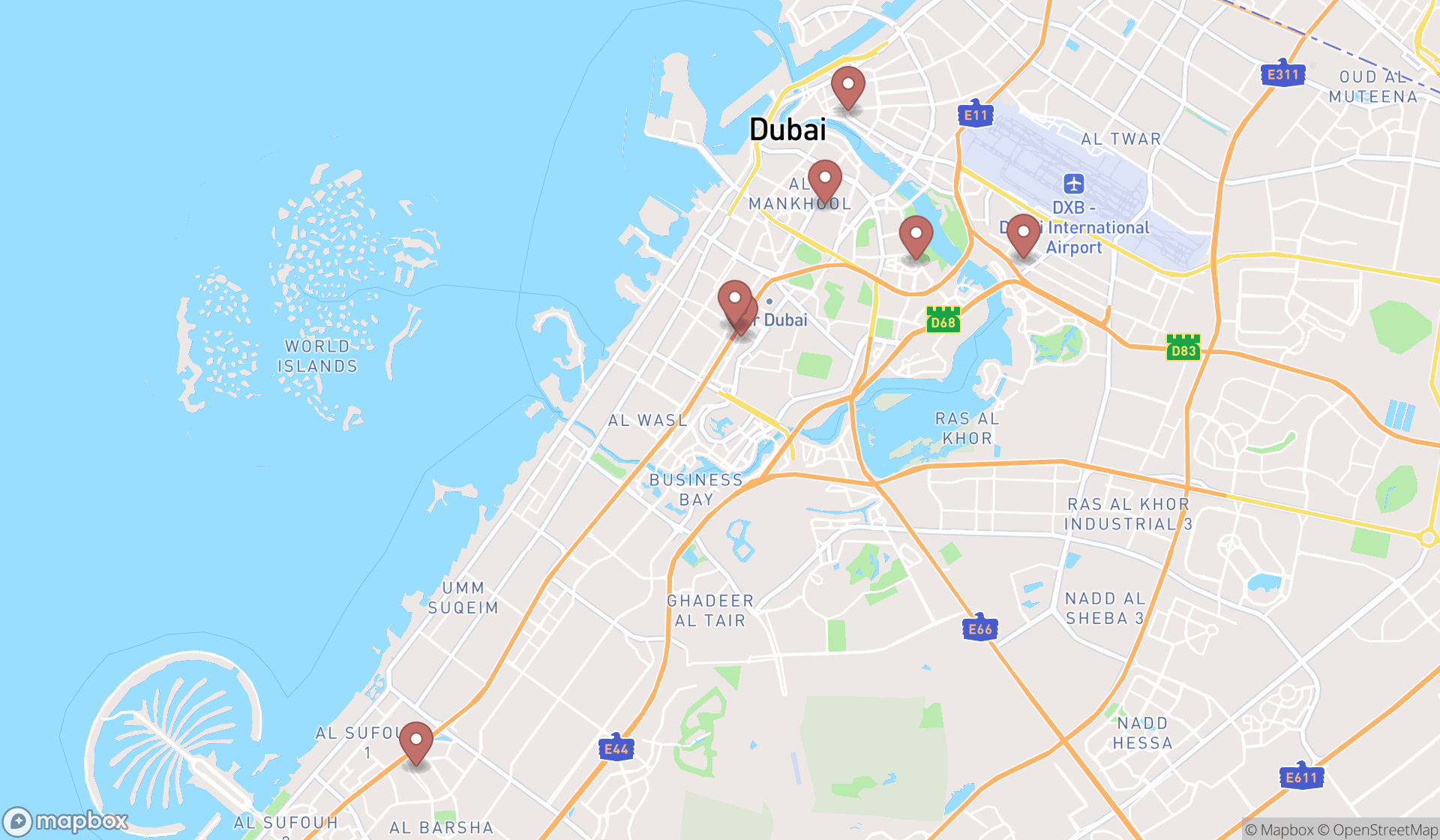 Map showing the search results in Dubai