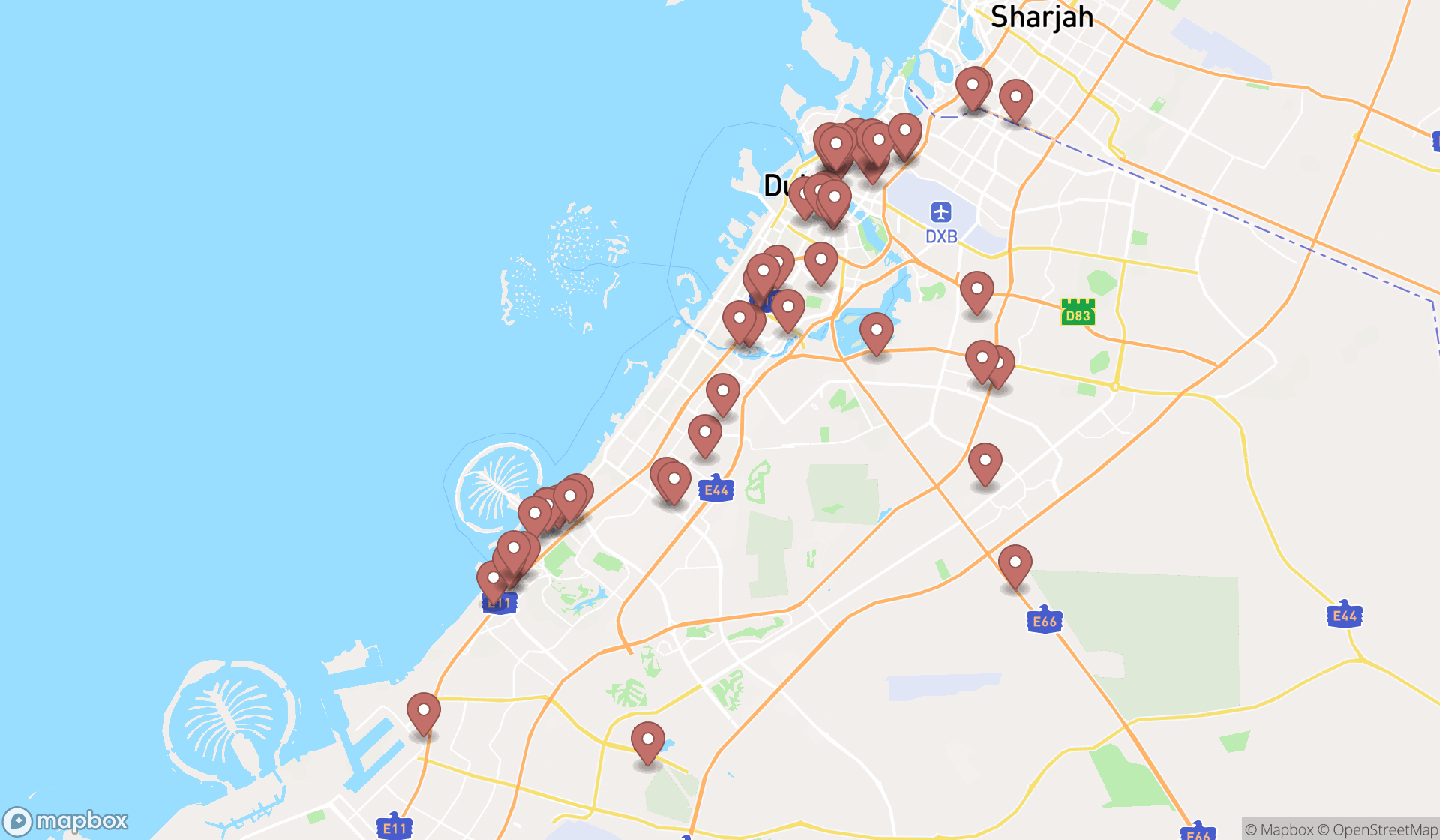 Map showing the search results in Dubai