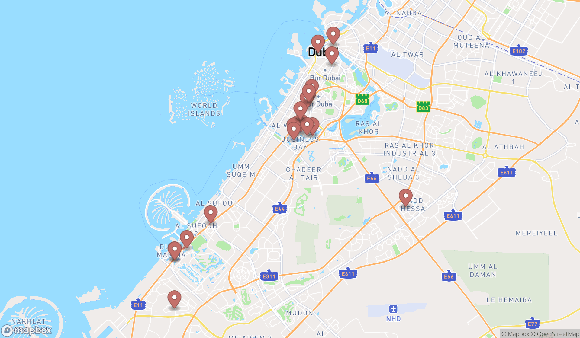 Map showing the search results in Dubai