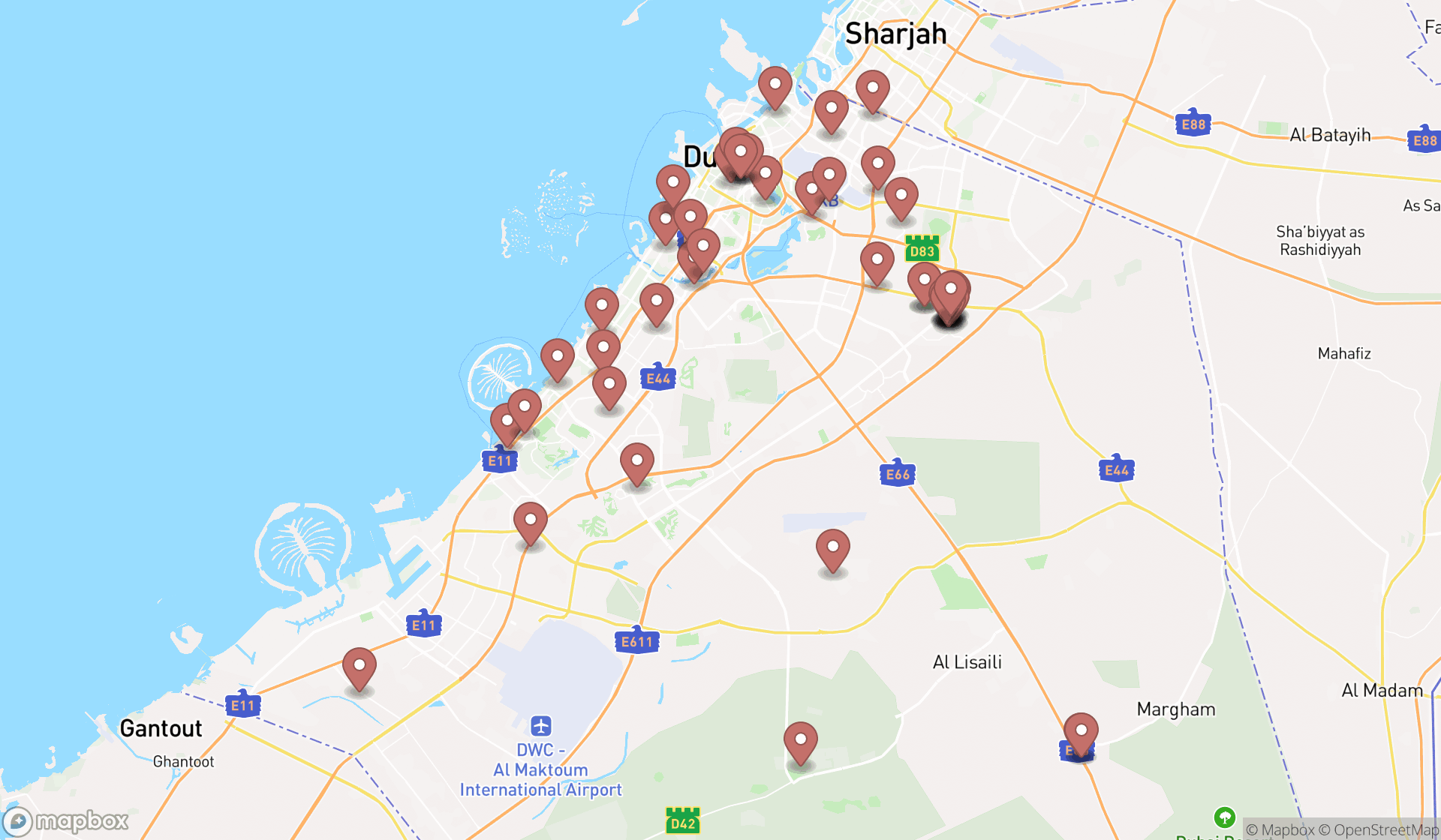 Map showing the search results in Dubai
