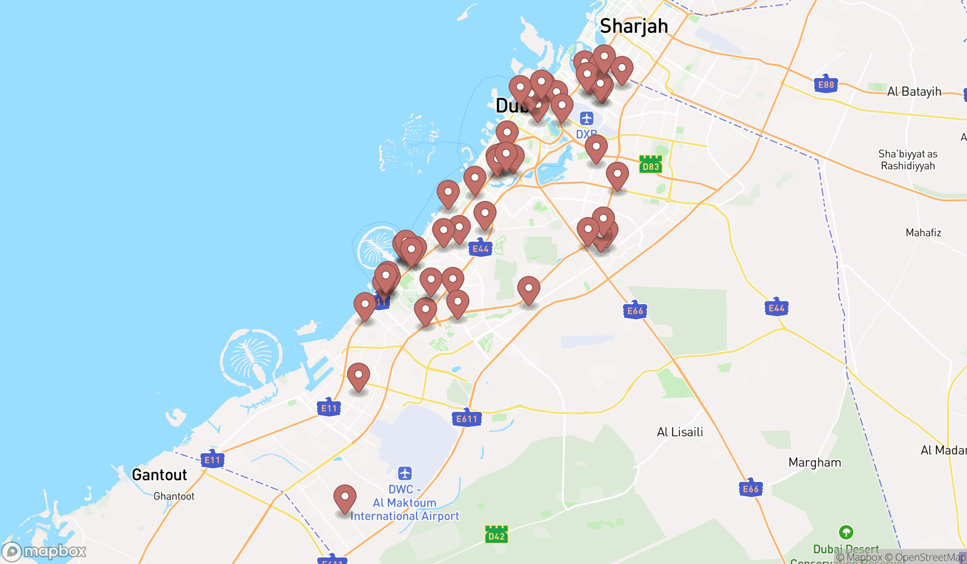 Map showing the search results in Dubai
