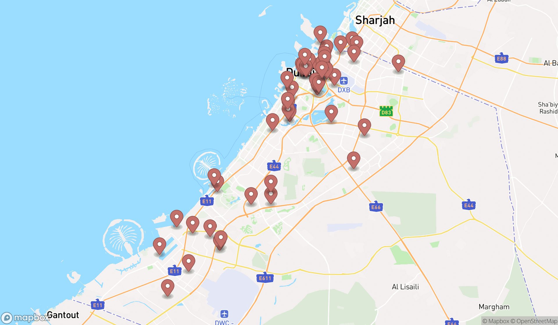 Map showing the search results in Dubai
