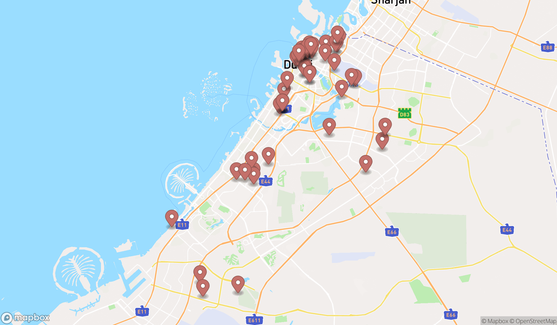 Map showing the search results in Dubai