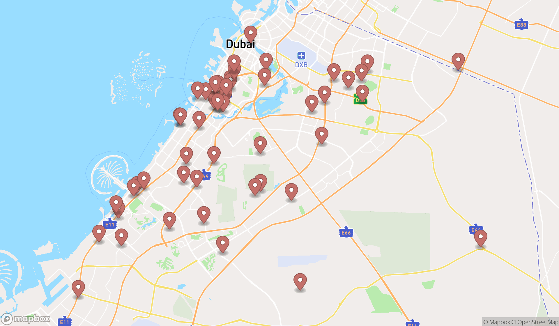 Map showing the search results in Dubai