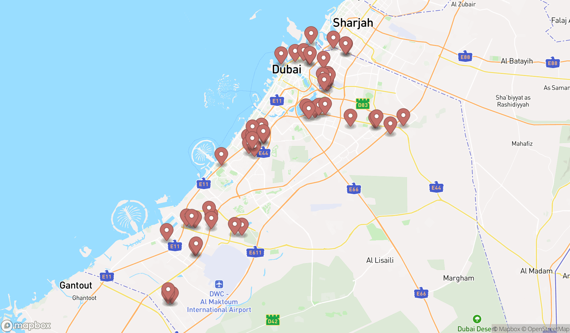 Map showing the search results in Dubai