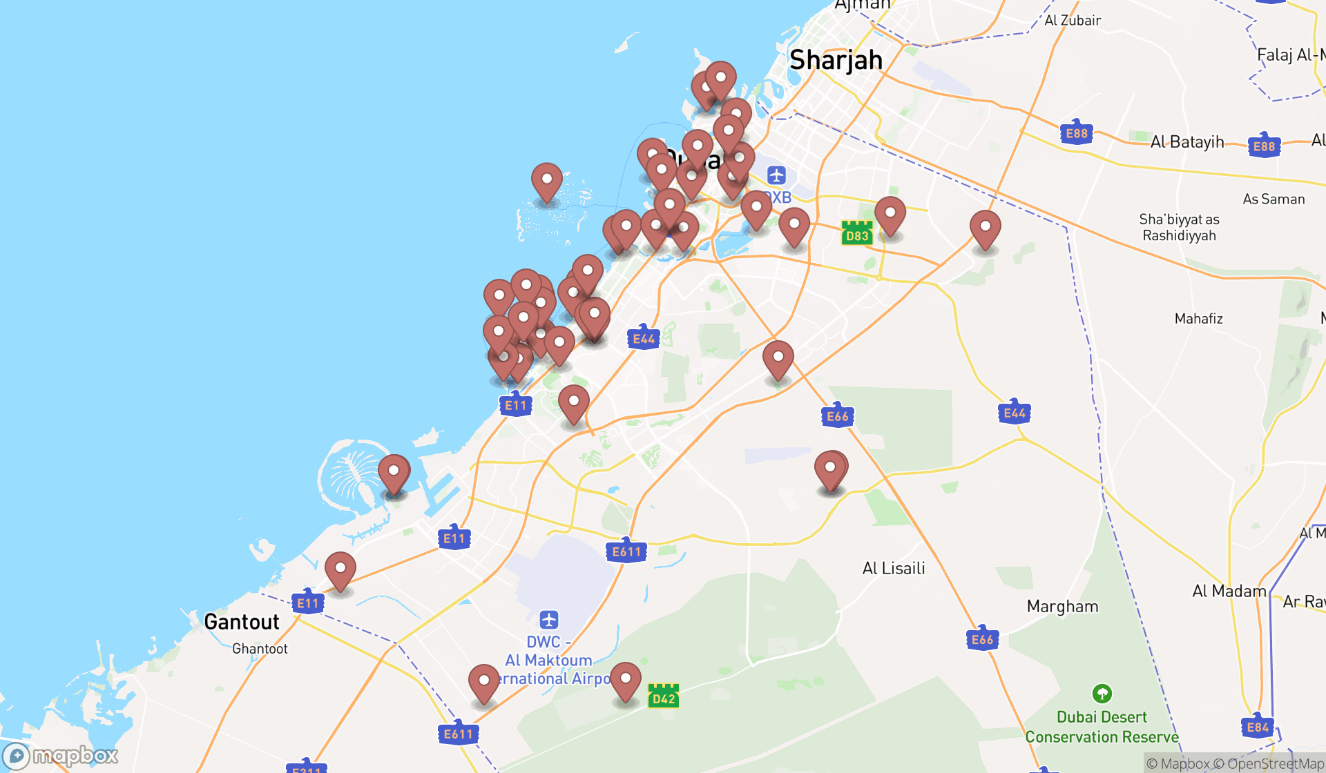 Map showing the search results in Dubai